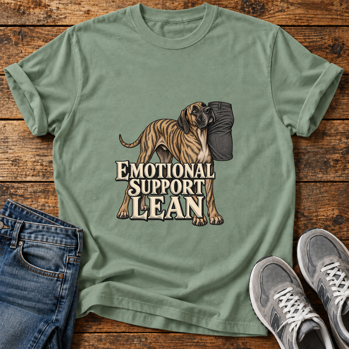 Emotional Support Lean Great Dane graphic T-shirt in Sage, shown on a flat-lay shirt mockup