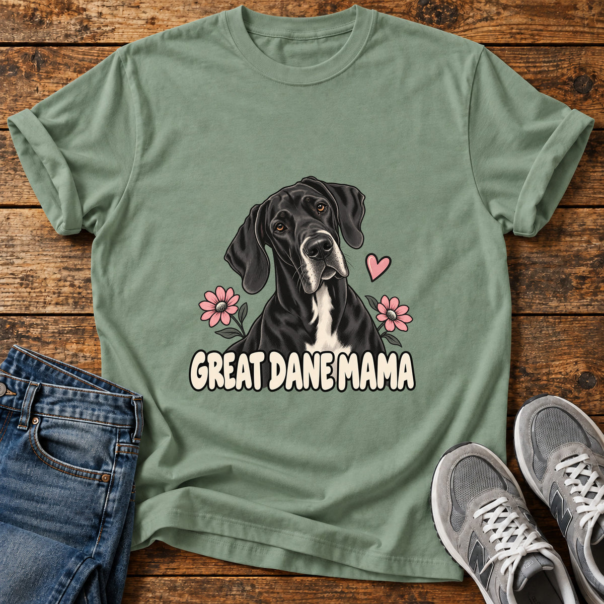 Great Dane Mama graphic T-shirt in Sage, shown on a flat-lay shirt mockup