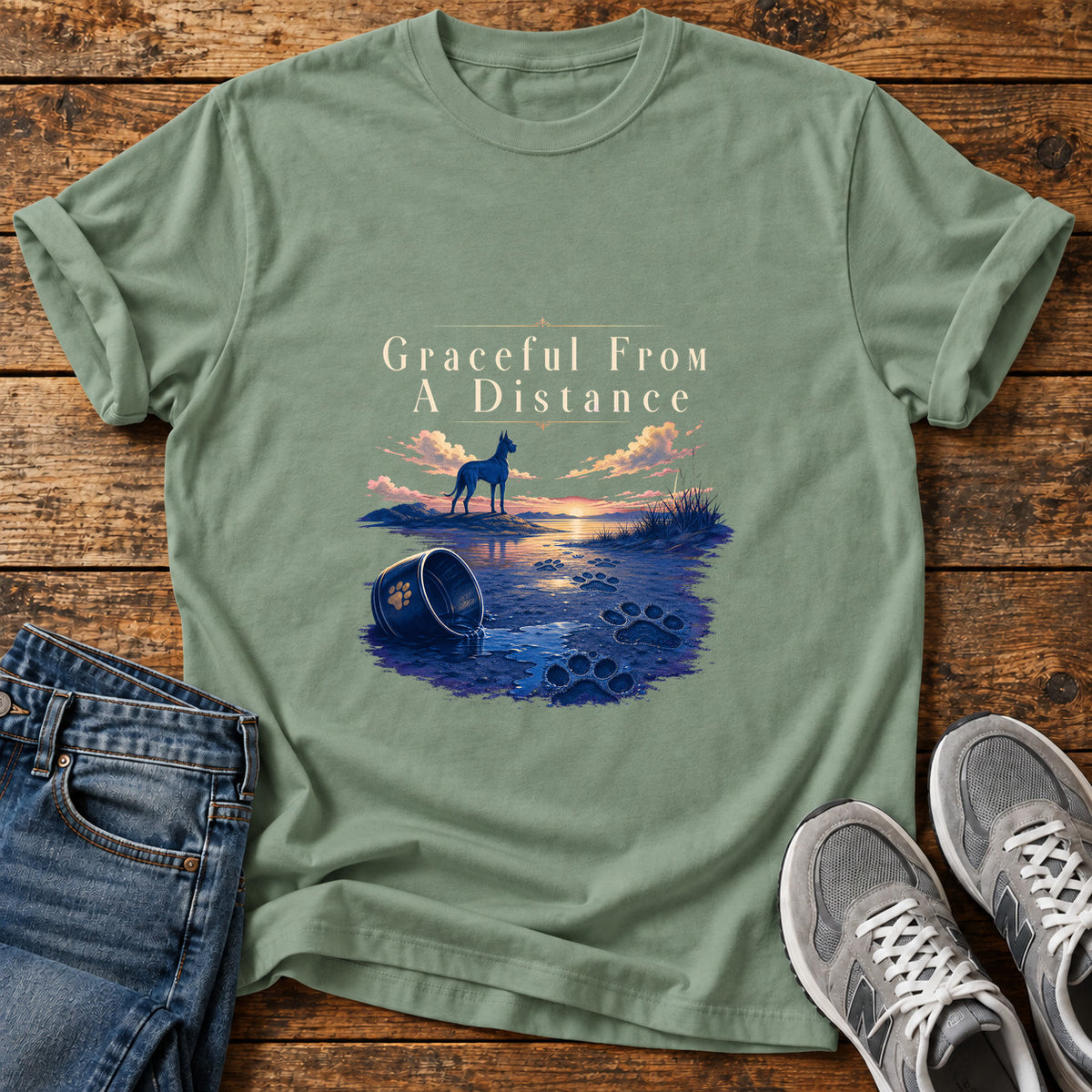 Graceful Distance Great Dane graphic T-shirt in Sage, shown on a flat-lay shirt mockup