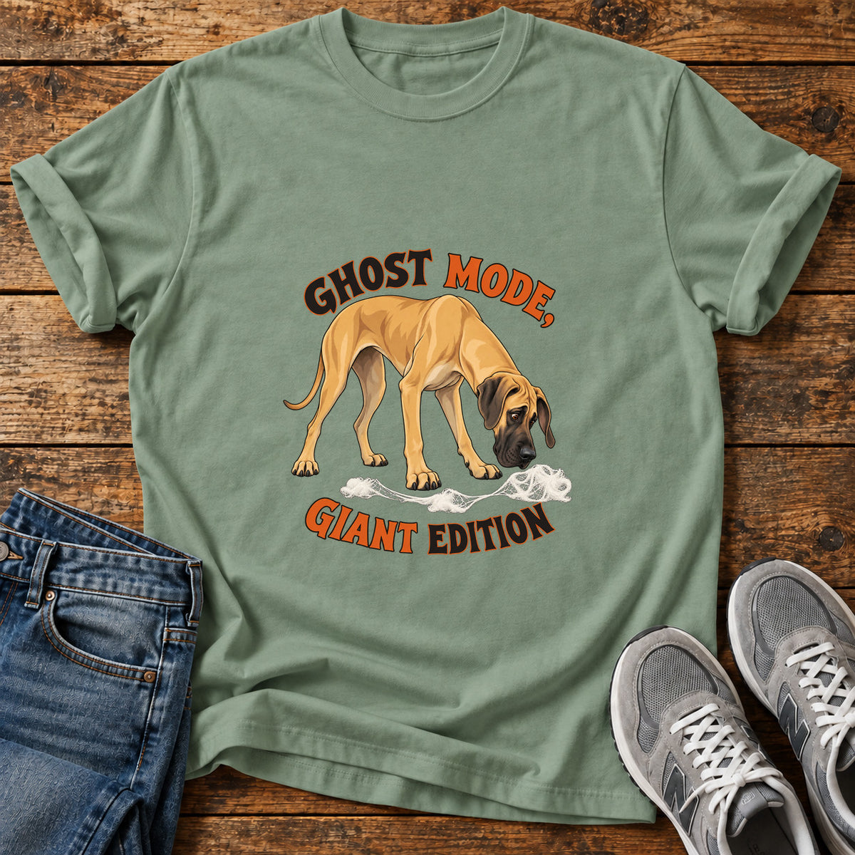 Ghost Mode Giant Great Dane graphic T-shirt in Sage, shown on a flat-lay shirt mockup