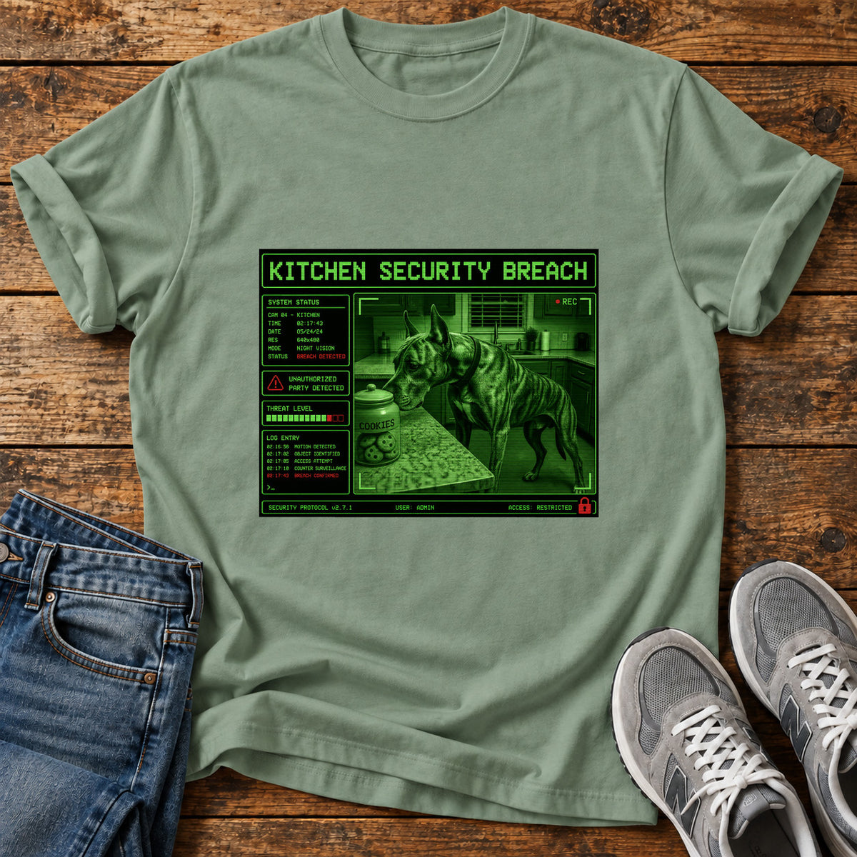 Kitchen Security Breach Great Dane graphic T-shirt in Sage, shown on a flat-lay shirt mockup