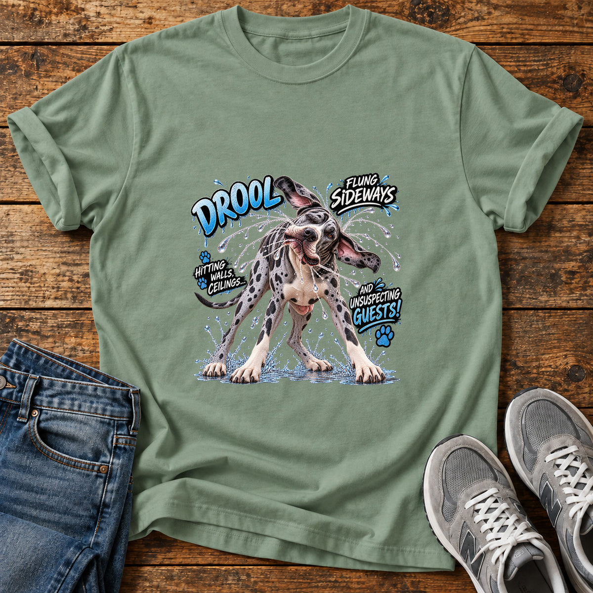 Drool Sideways Great Dane graphic T-shirt in Sage, shown on a flat-lay shirt mockup