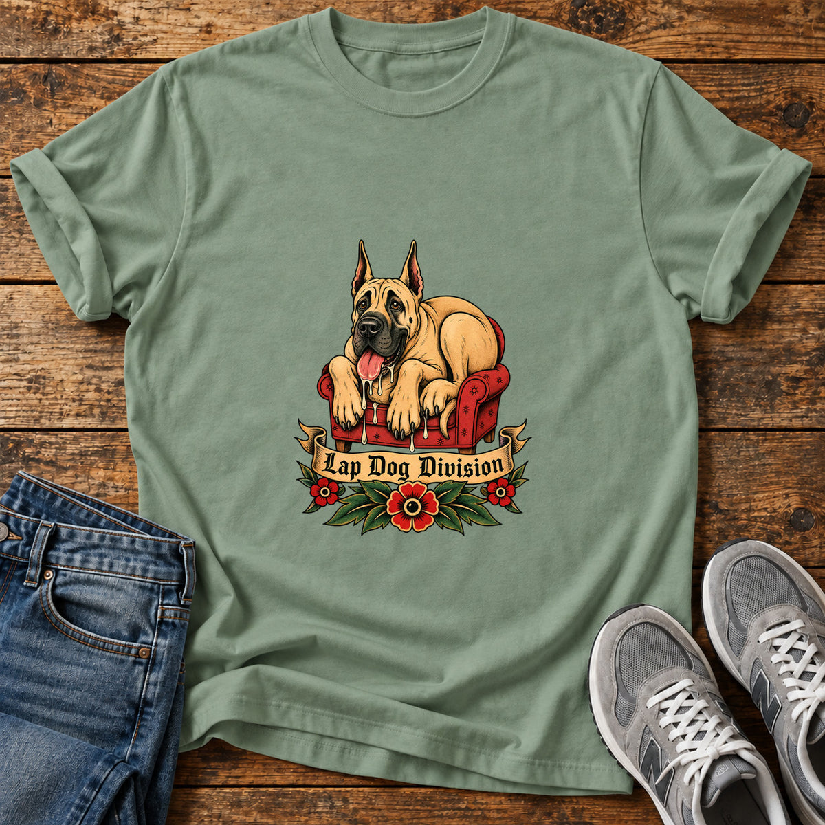Lap Dog Division Great Dane graphic T-shirt in Sage, shown on a flat-lay shirt mockup