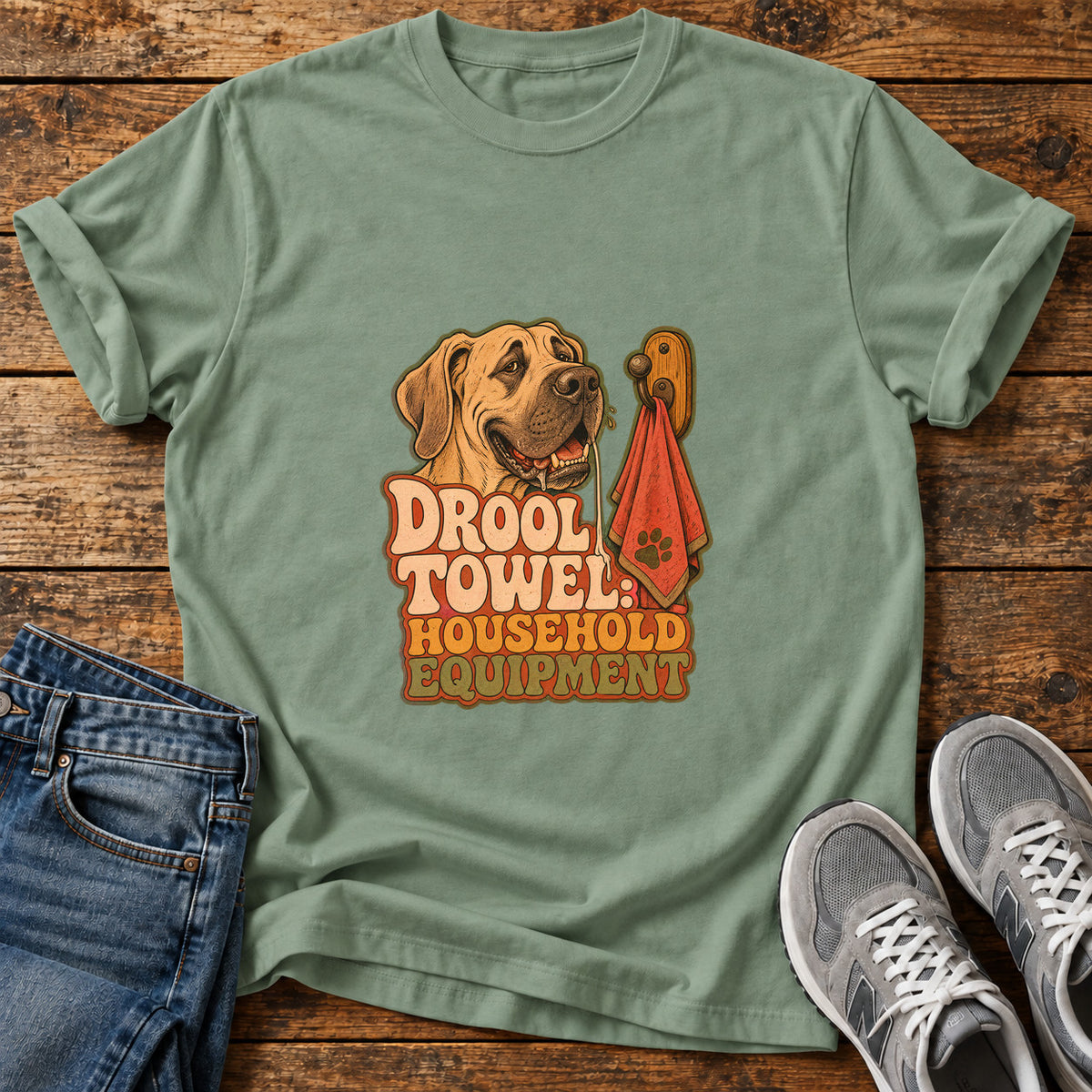 Drool Towel Essentials Great Dane graphic T-shirt in Sage, shown on a flat-lay shirt mockup