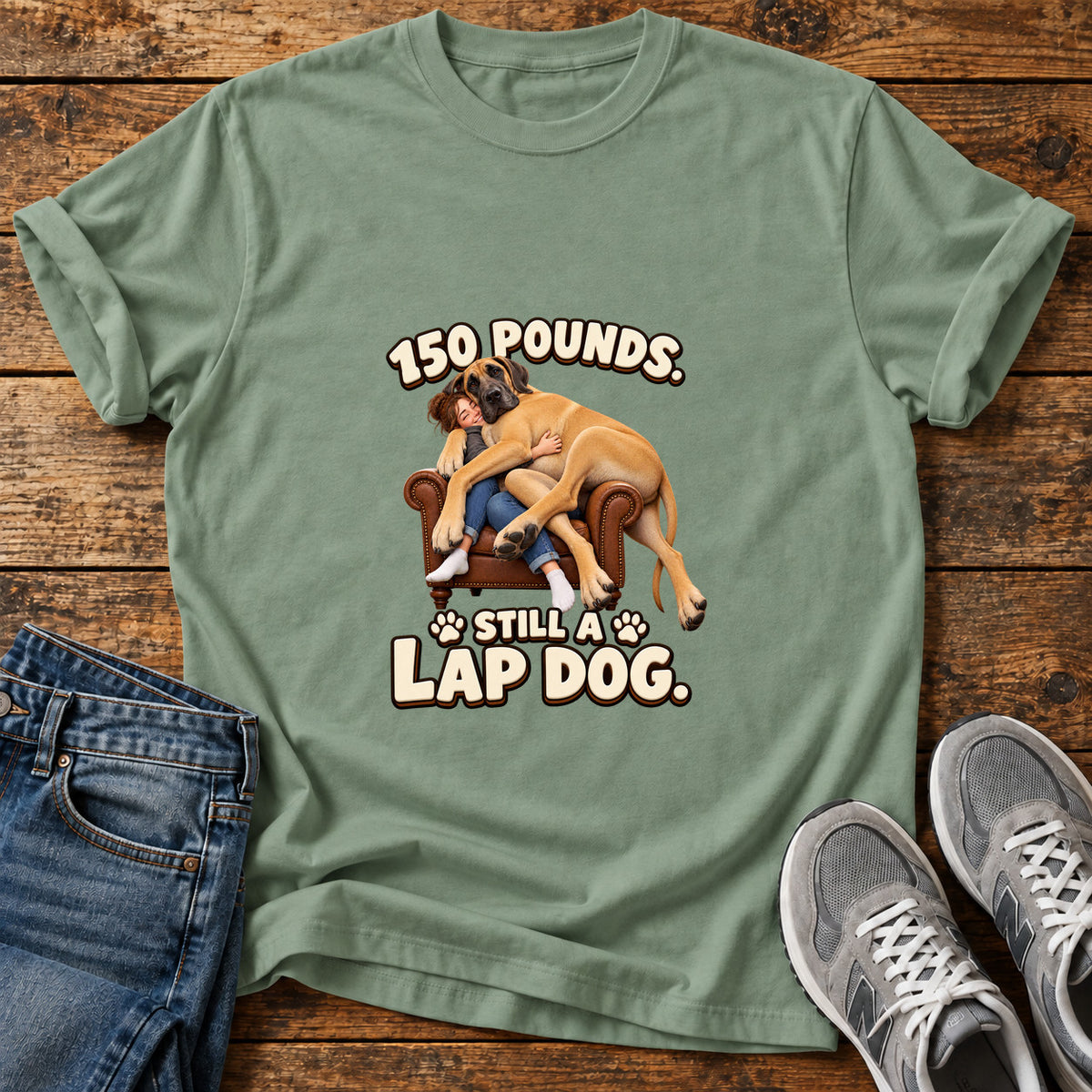 Lap Dog Life Great Dane graphic T-shirt in Sage, shown on a flat-lay shirt mockup