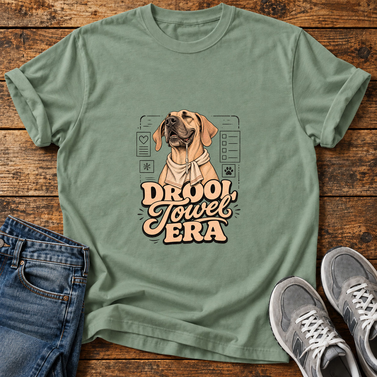 Drool Towel Era Great Dane graphic T-shirt in Sage, shown on a flat-lay shirt mockup
