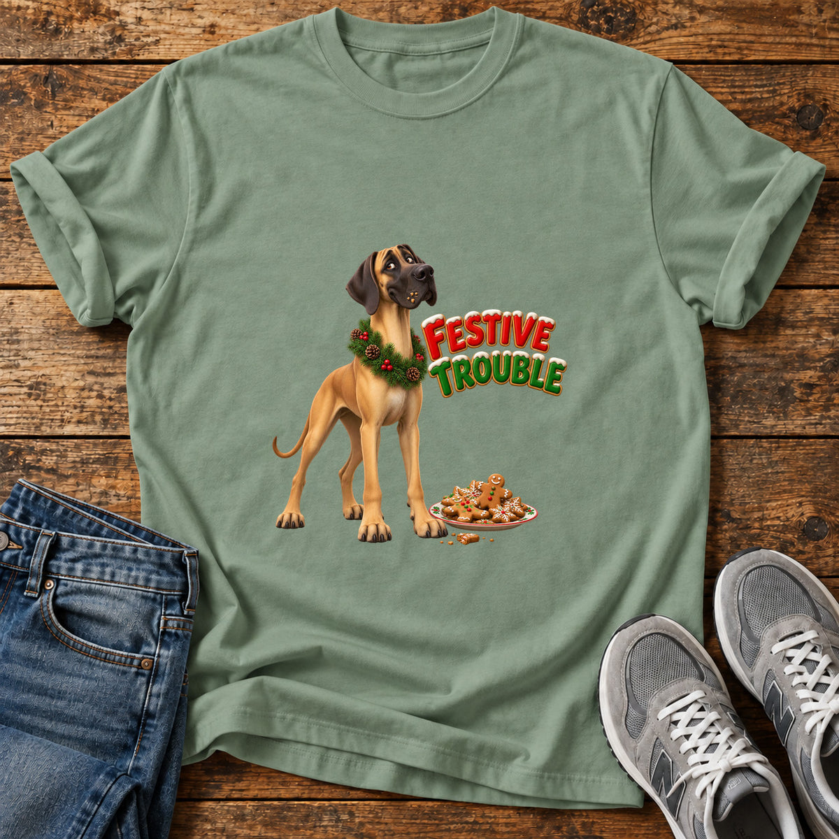 Festive Trouble Great Dane graphic T-shirt in Sage, shown on a flat-lay shirt mockup