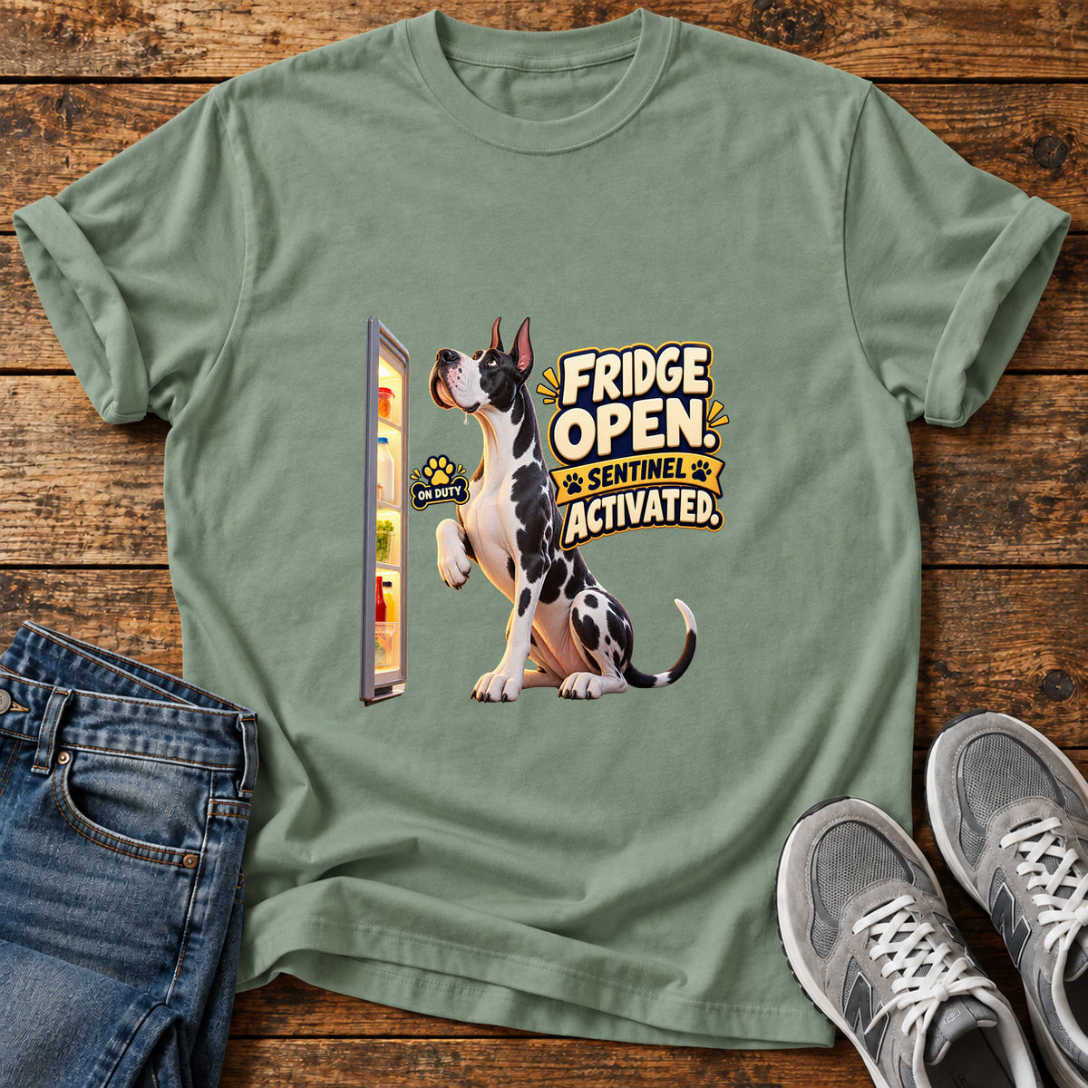 Fridge Sentinel Great Dane graphic T-shirt in Sage, shown on a flat-lay shirt mockup