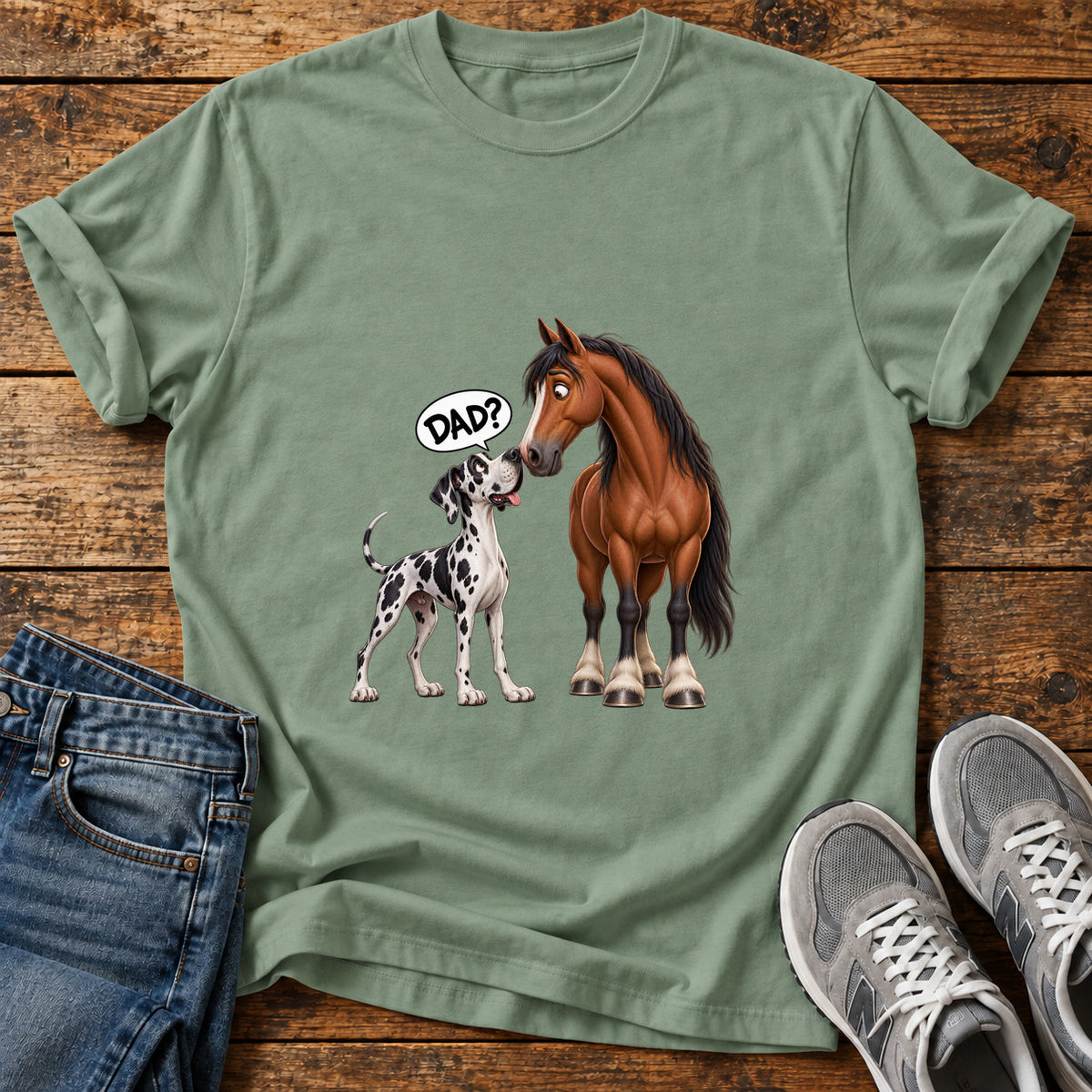 Dad Question Great Dane graphic T-shirt in Sage, shown on a flat-lay shirt mockup