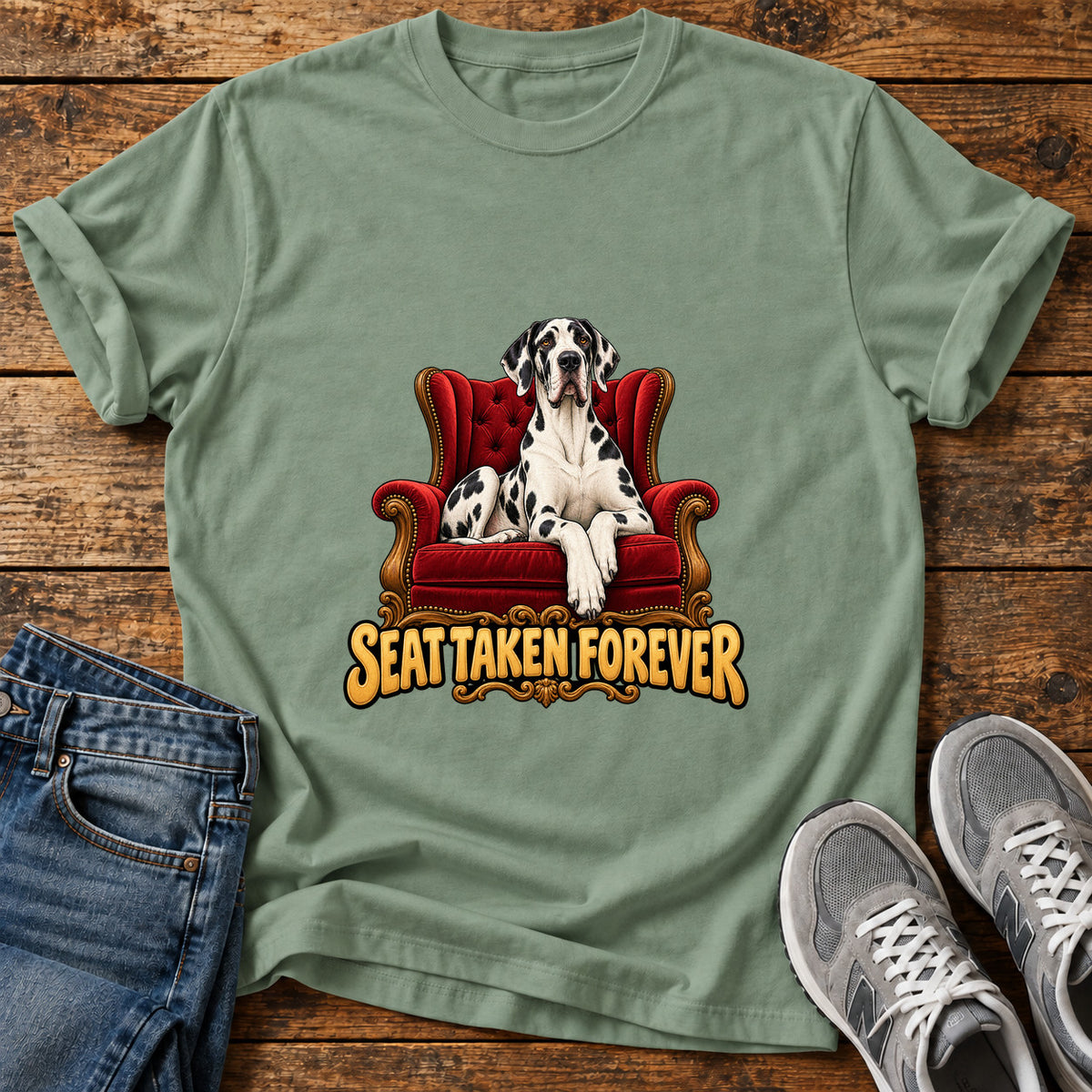 Seat Taken Great Dane graphic T-shirt in Sage, shown on a flat-lay shirt mockup