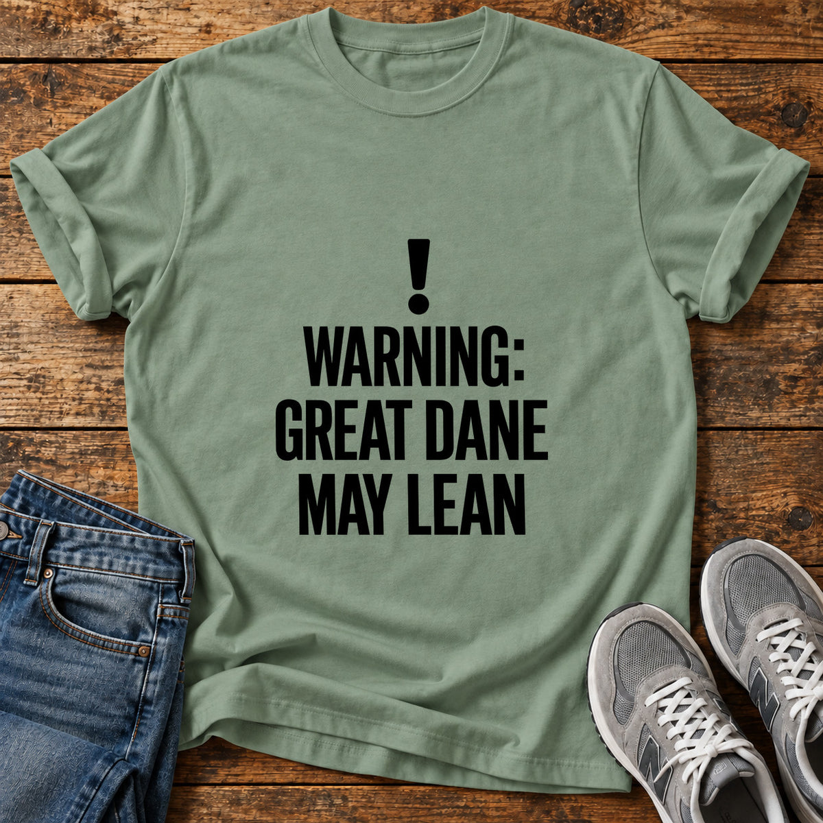 Great Dane Warning graphic T-shirt in Sage, shown on a flat-lay shirt mockup
