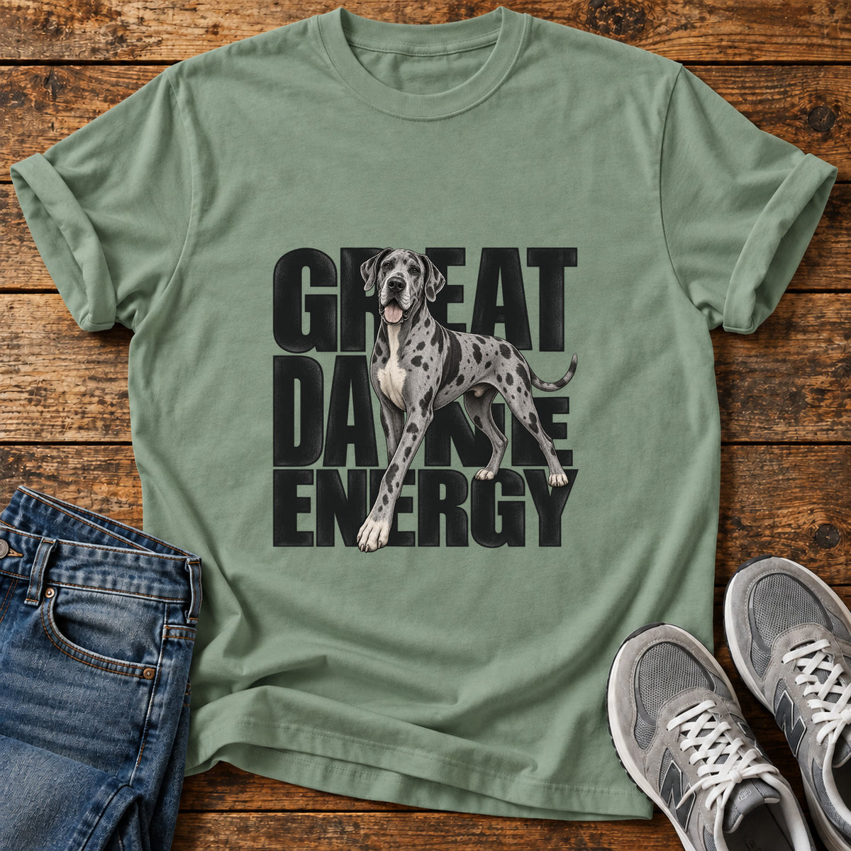 Great Dane Energy graphic T-shirt in Sage, shown on a flat-lay shirt mockup