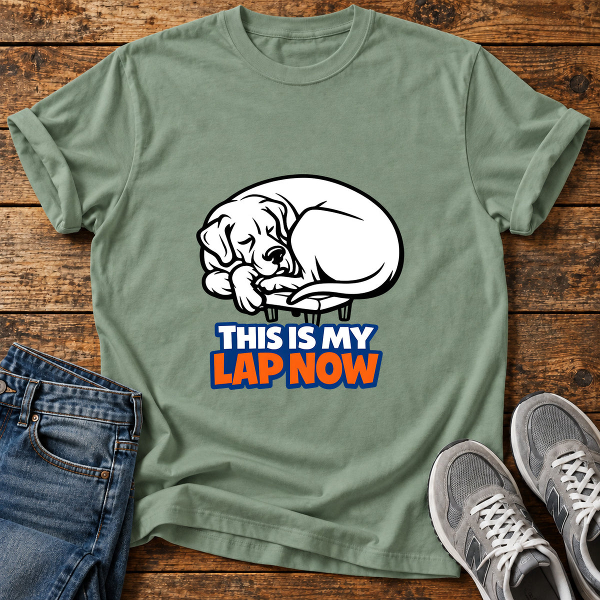 Lap Now Tee Great Dane graphic T-shirt in Sage, shown on a flat-lay shirt mockup