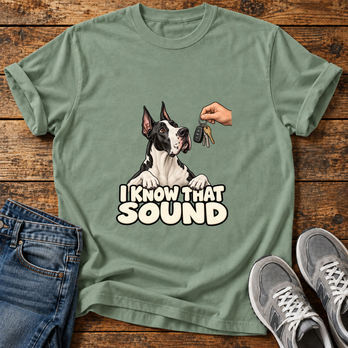 I Know Sound Great Dane graphic T-shirt in Sage, shown on a flat-lay shirt mockup