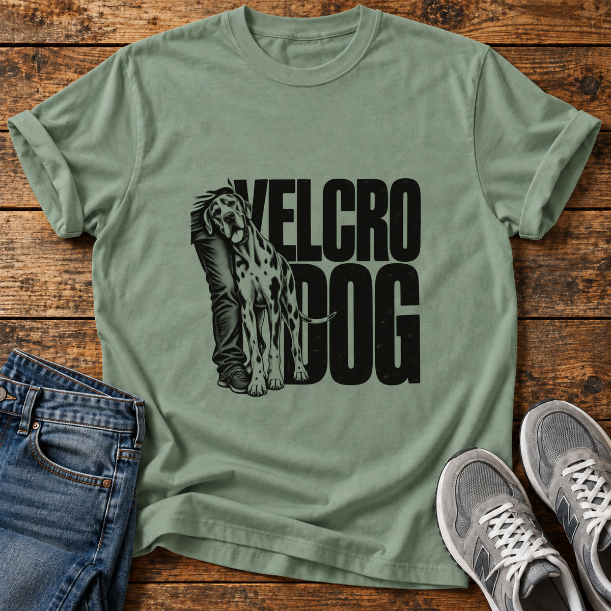 Velcro Dog Great Dane graphic T-shirt in Sage, shown on a flat-lay shirt mockup
