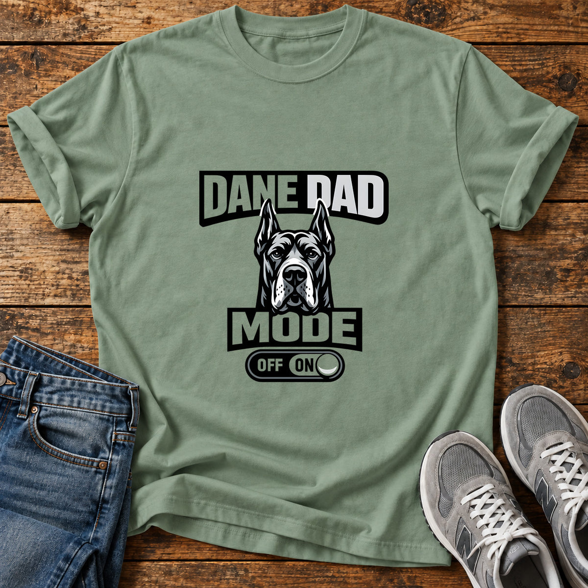 Dane Dad Mode Great Dane graphic T-shirt in Sage, shown on a flat-lay shirt mockup