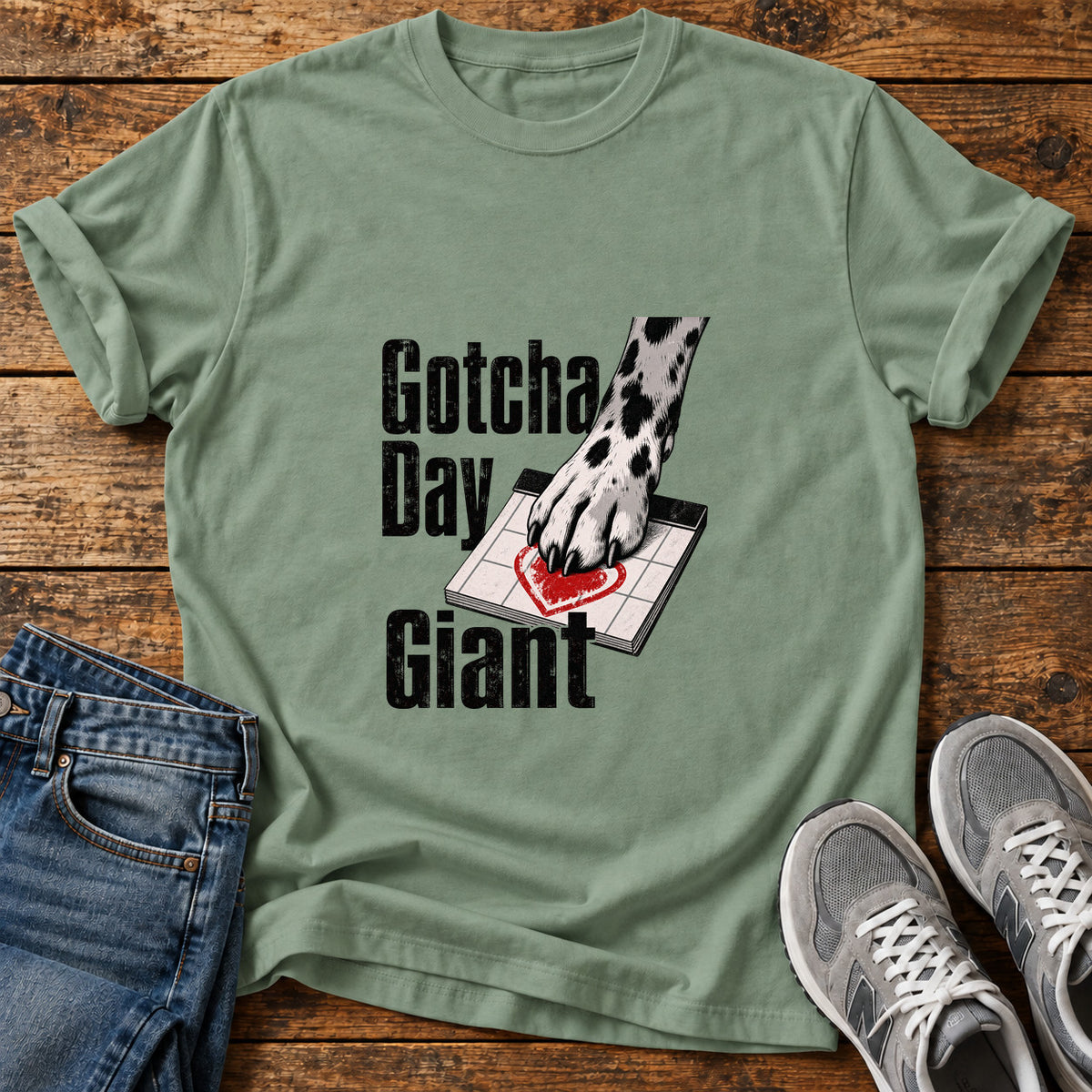 Gotcha Day Giant Great Dane graphic T-shirt in Sage, shown on a flat-lay shirt mockup