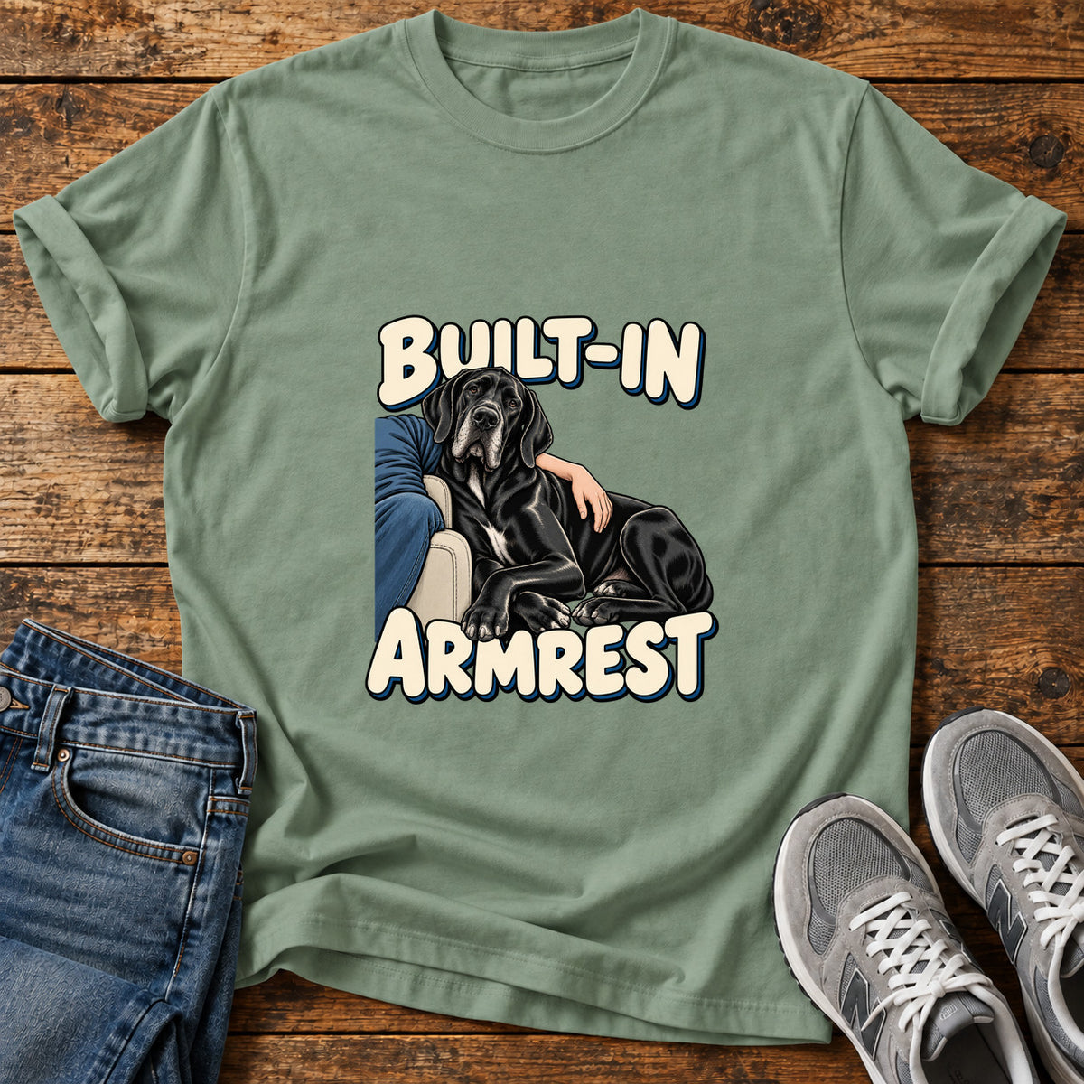 Built-In Armrest Great Dane graphic T-shirt in Sage, shown on a flat-lay shirt mockup