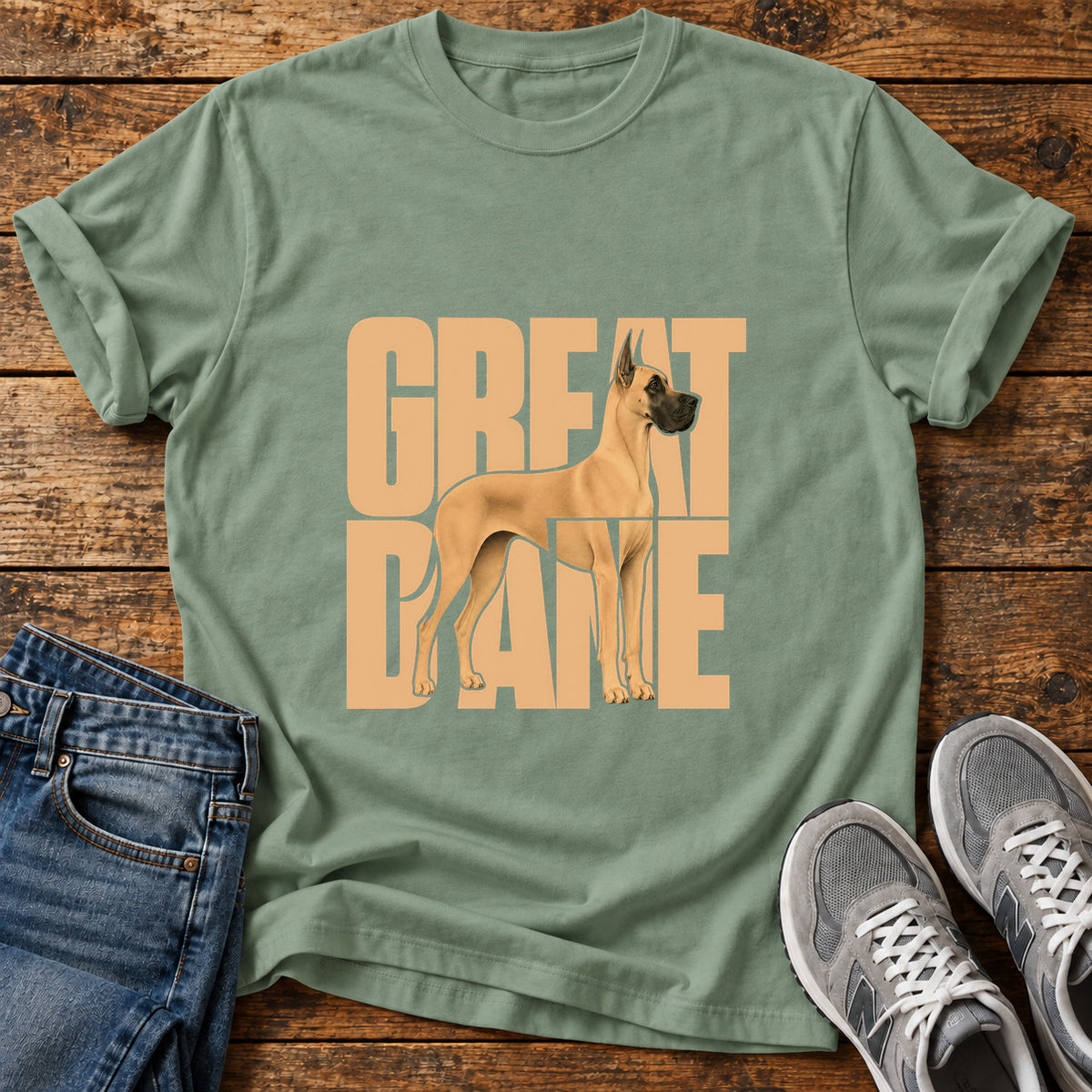 Great Dane graphic T-shirt in Sage, shown on a flat-lay shirt mockup