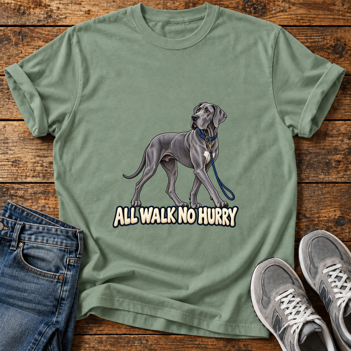 All Walk Great Dane graphic T-shirt in Sage, shown on a flat-lay shirt mockup