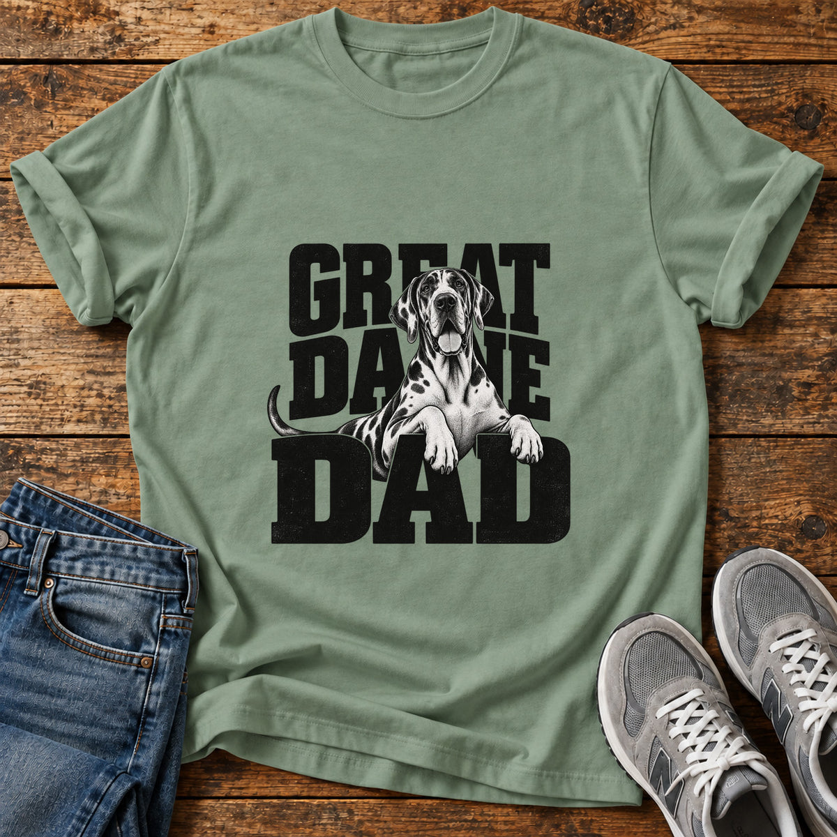 Great Dane Dad graphic T-shirt in Sage, shown on a flat-lay shirt mockup