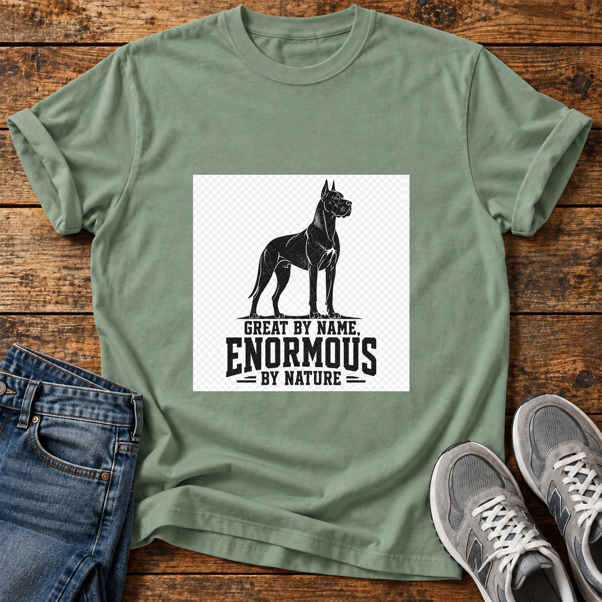 Enormous By Nature Great Dane graphic T-shirt in Sage, shown on a flat-lay shirt mockup