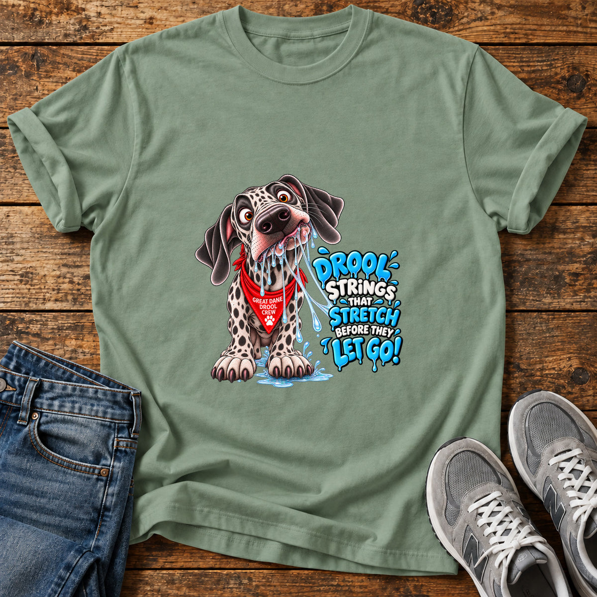 Drool Strings Great Dane graphic T-shirt in Sage, shown on a flat-lay shirt mockup
