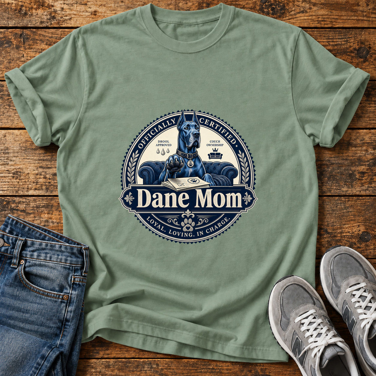 Dane Mom Great Dane graphic T-shirt in Sage, shown on a flat-lay shirt mockup