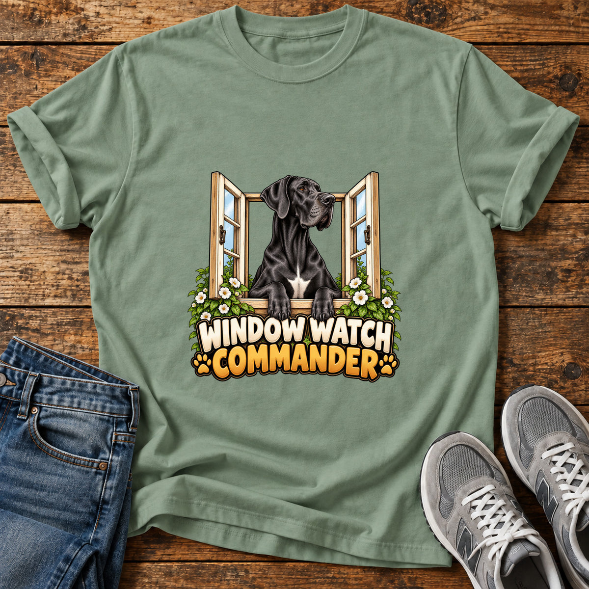 Window Watch Commander Great Dane graphic T-shirt in Sage, shown on a flat-lay shirt mockup