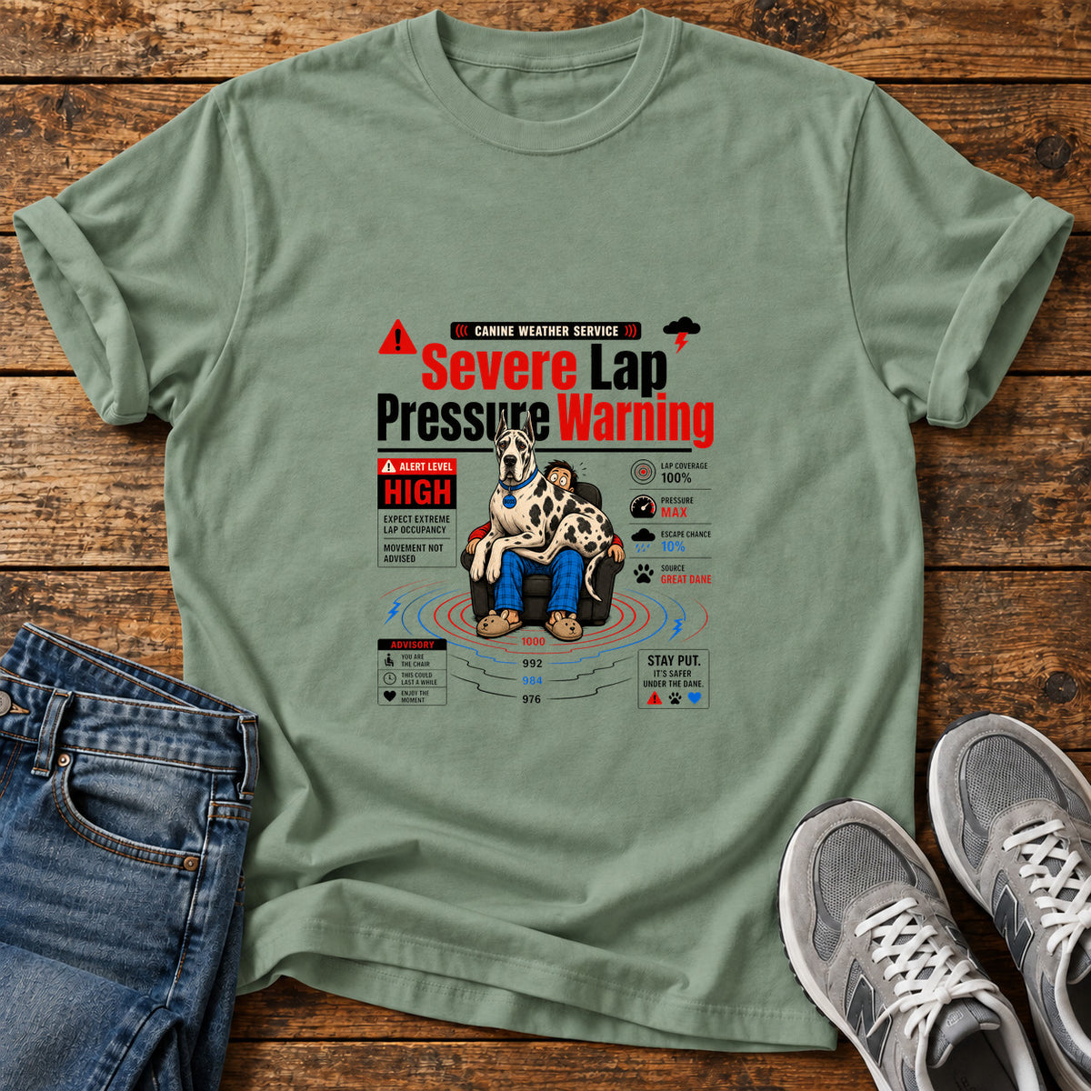 Severe Lap Warning Great Dane graphic T-shirt in Sage, shown on a flat-lay shirt mockup