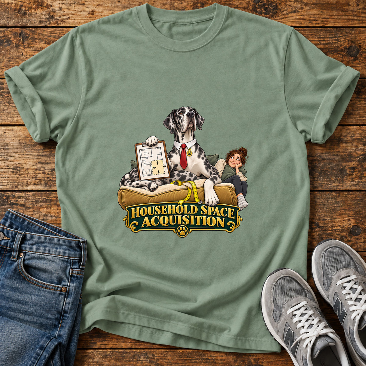Household Space Great Dane graphic T-shirt in Sage, shown on a flat-lay shirt mockup