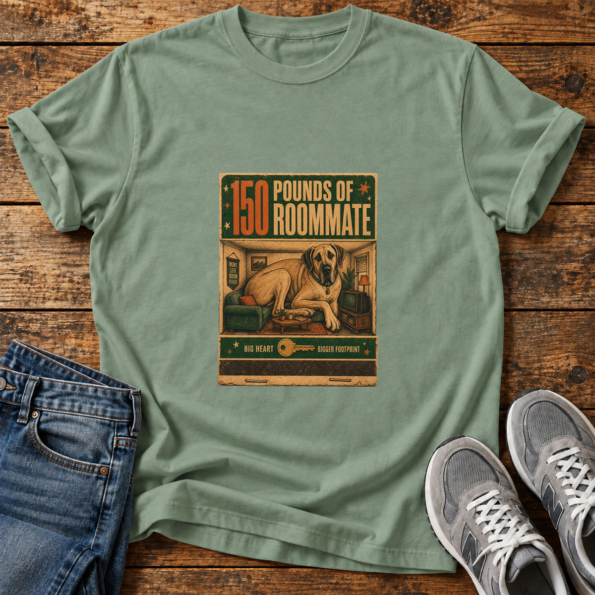 150 Pounds Roommate Great Dane graphic T-shirt in Sage, shown on a flat-lay shirt mockup
