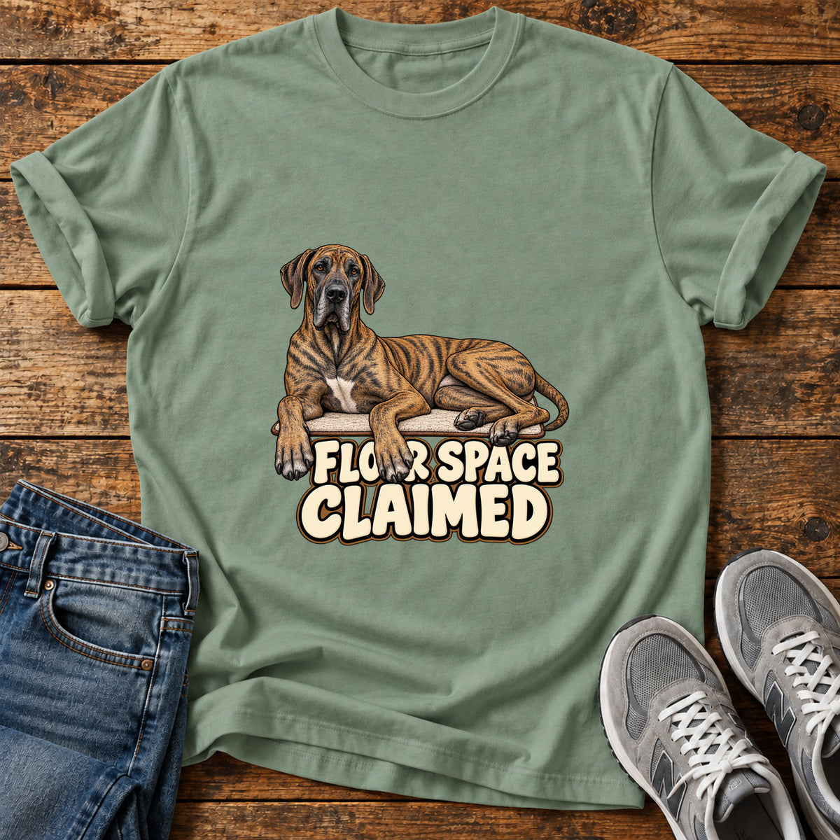 Floor Space Claimed Great Dane graphic T-shirt in Sage, shown on a flat-lay shirt mockup