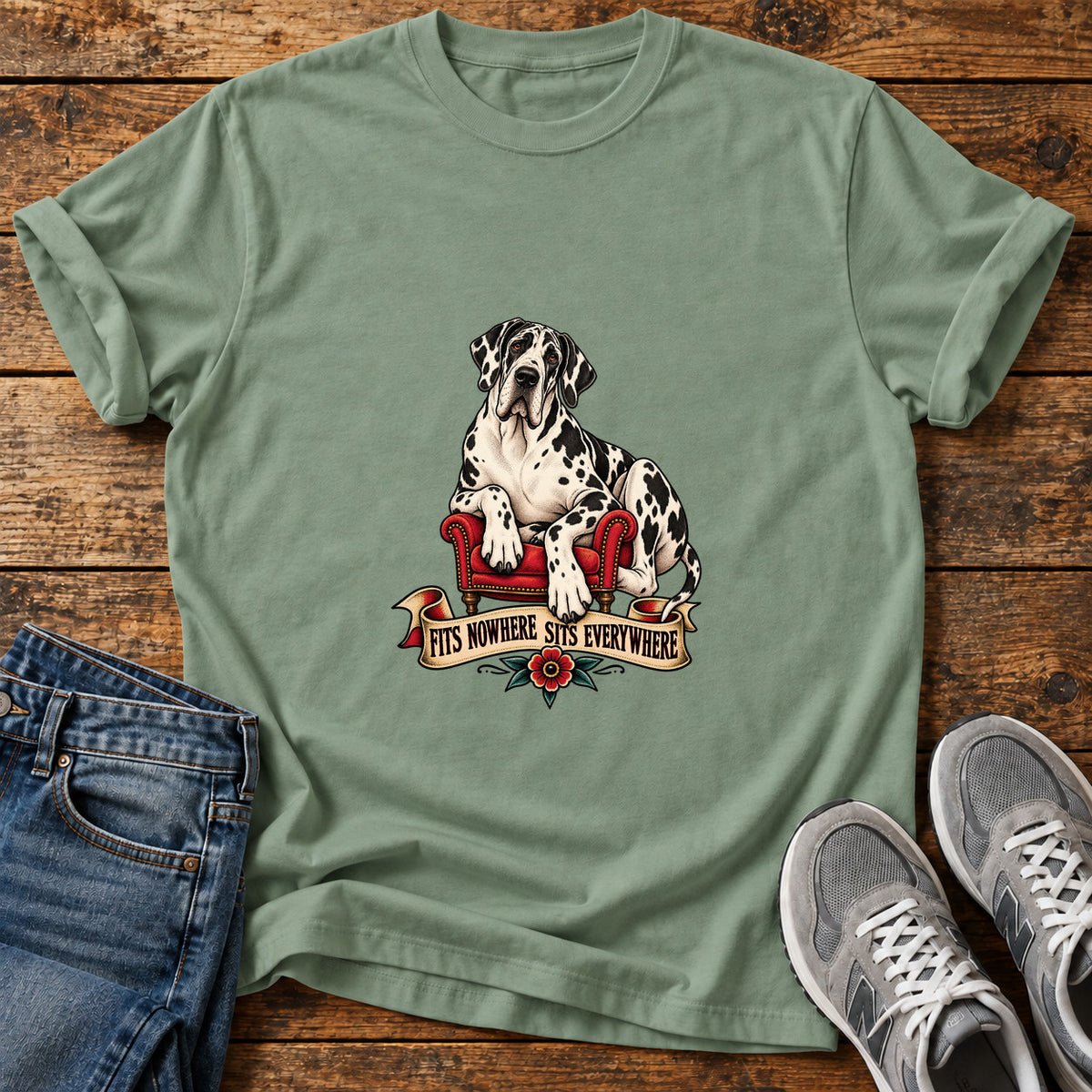 Sits Everywhere Great Dane graphic T-shirt in Sage, shown on a flat-lay shirt mockup