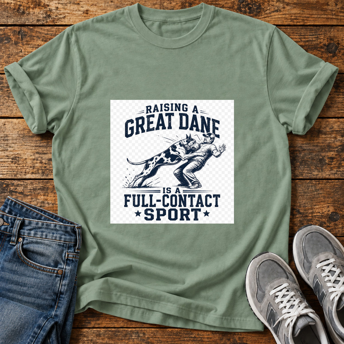 Great Dane Sport graphic T-shirt in Sage, shown on a flat-lay shirt mockup