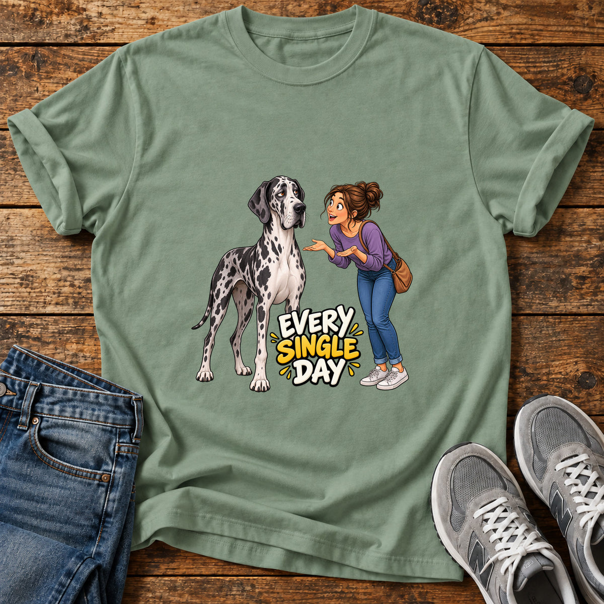 Every Single Day Great Dane graphic T-shirt in Sage, shown on a flat-lay shirt mockup