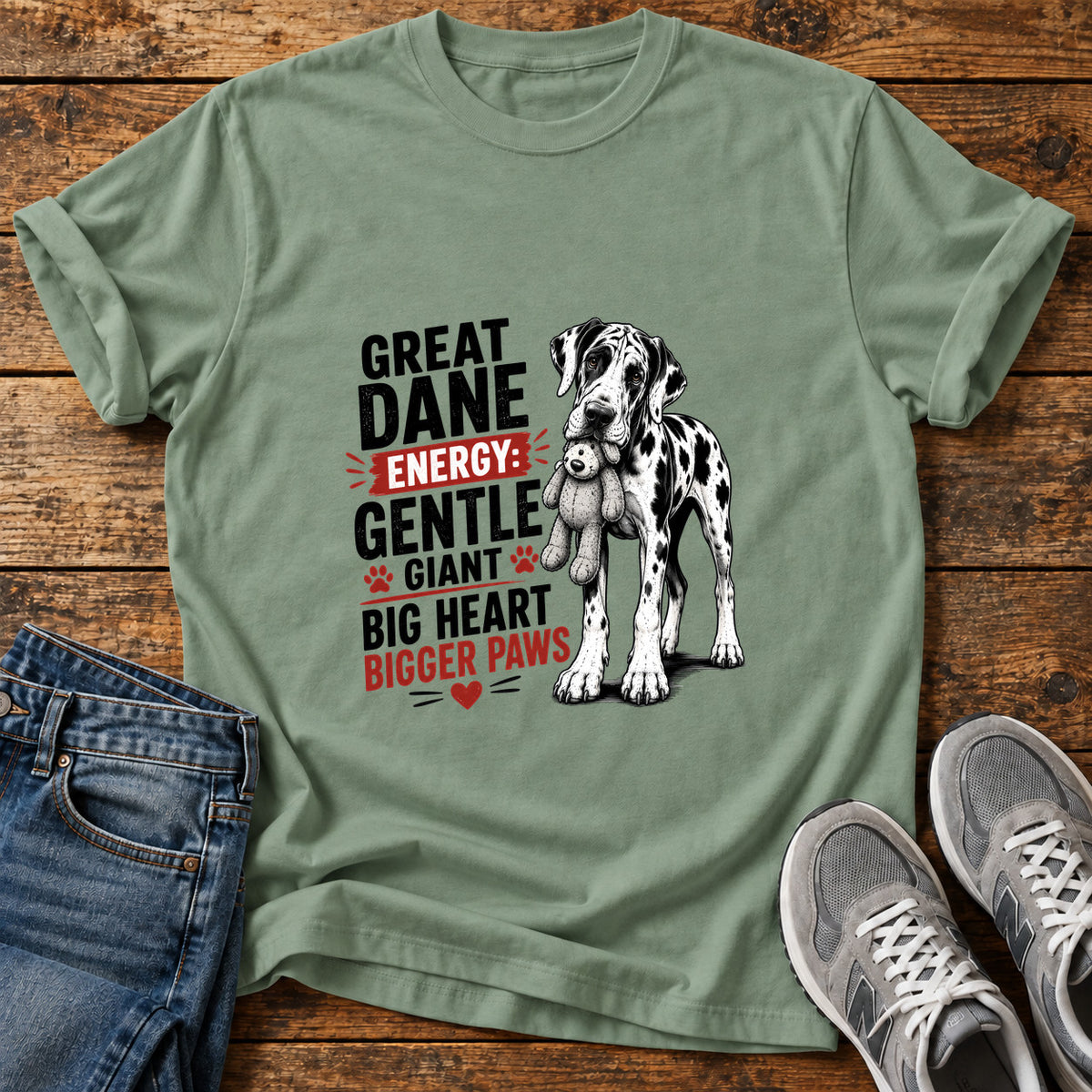 Great Dane Energy graphic T-shirt in Sage, shown on a flat-lay shirt mockup