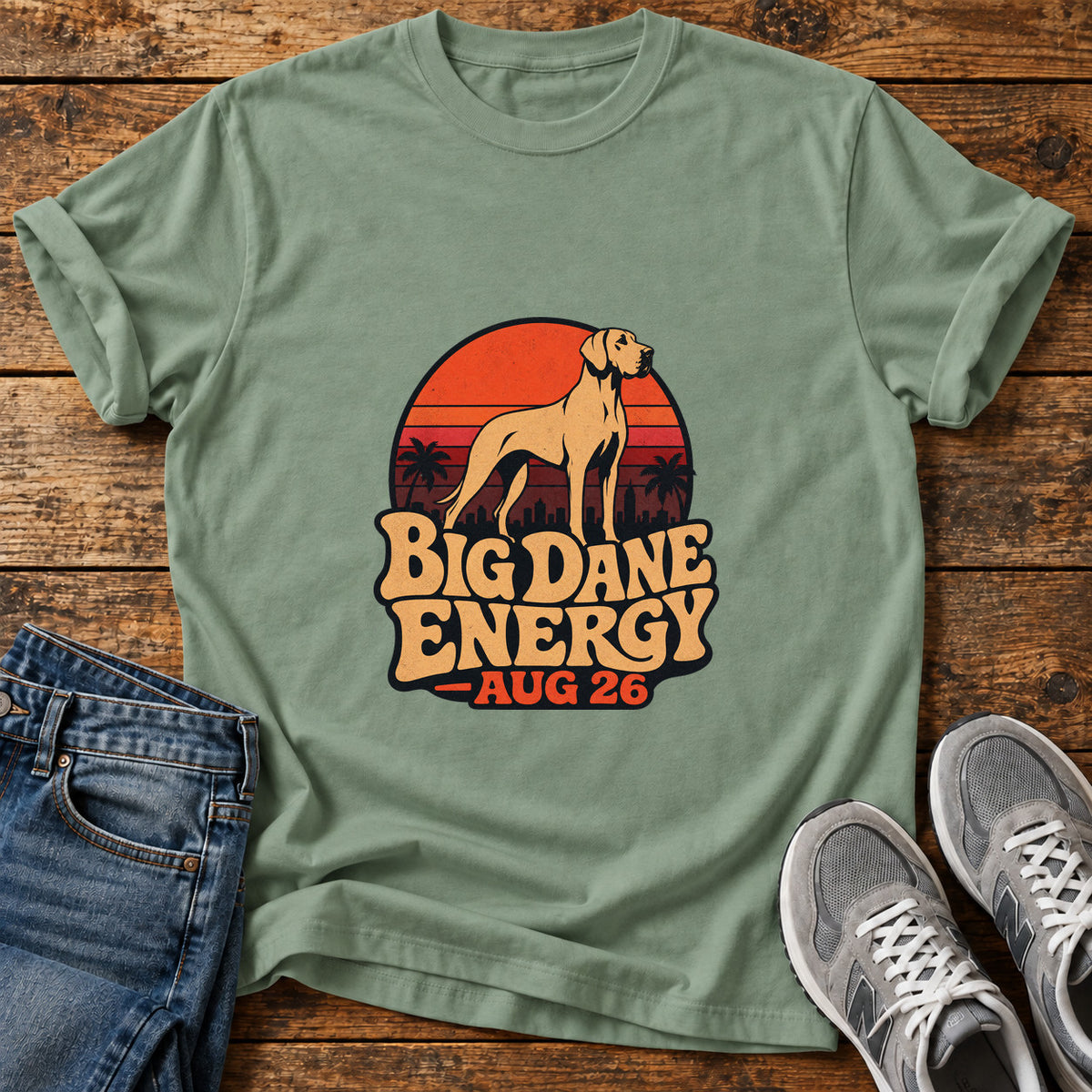 Big Dane Energy Great Dane graphic T-shirt in Sage, shown on a flat-lay shirt mockup
