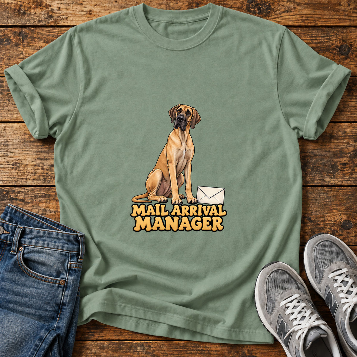 Mail Arrival Manager Great Dane graphic T-shirt in Sage, shown on a flat-lay shirt mockup