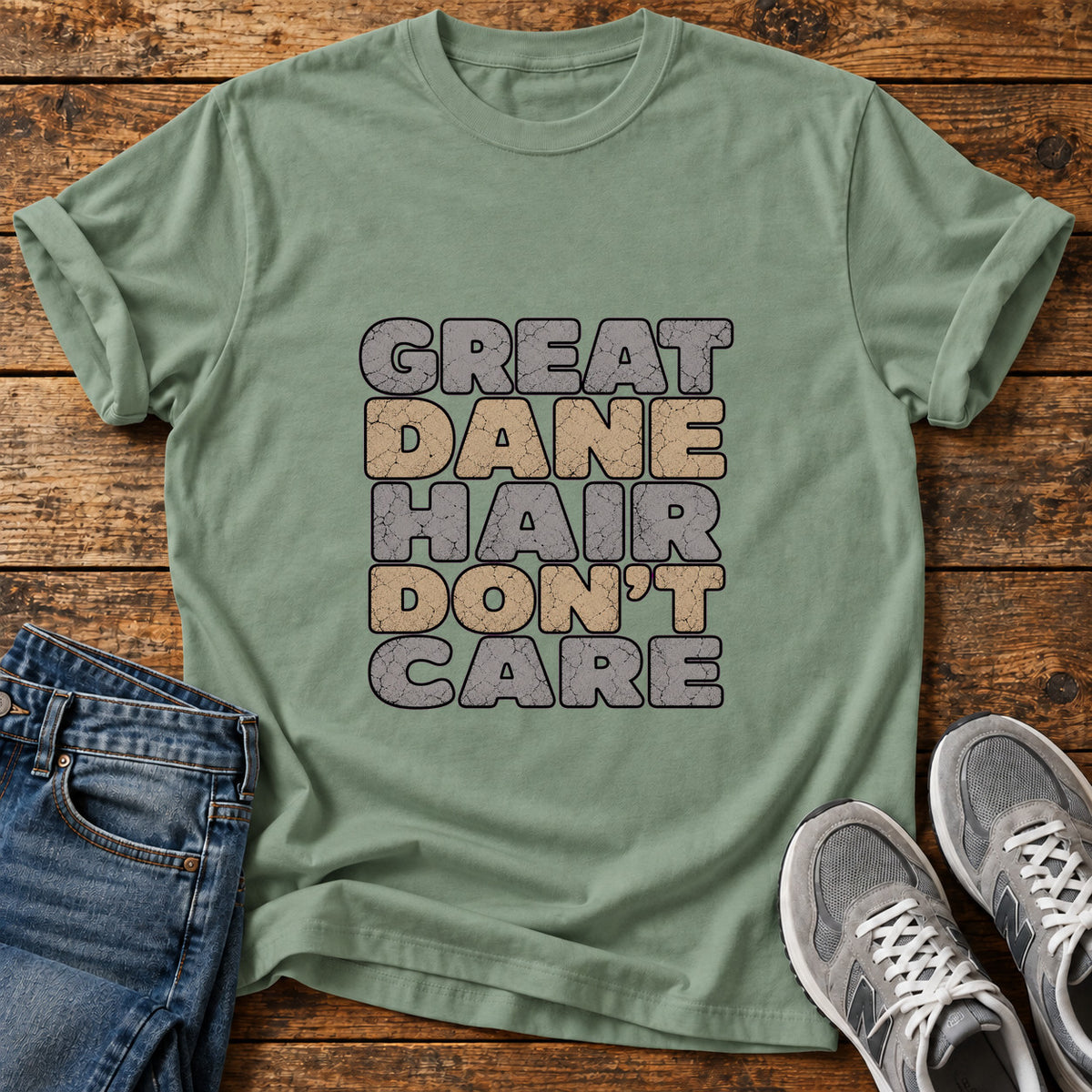Great Dane Attitude graphic T-shirt in Sage, shown on a flat-lay shirt mockup