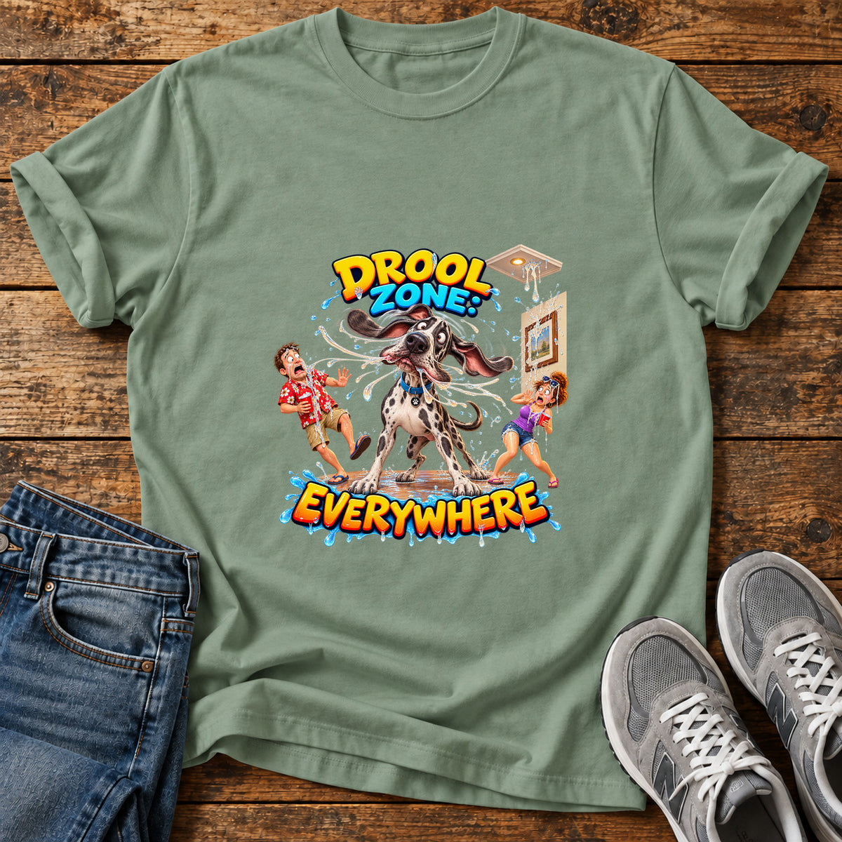Drool Zone Everywhere Great Dane graphic T-shirt in Sage, shown on a flat-lay shirt mockup