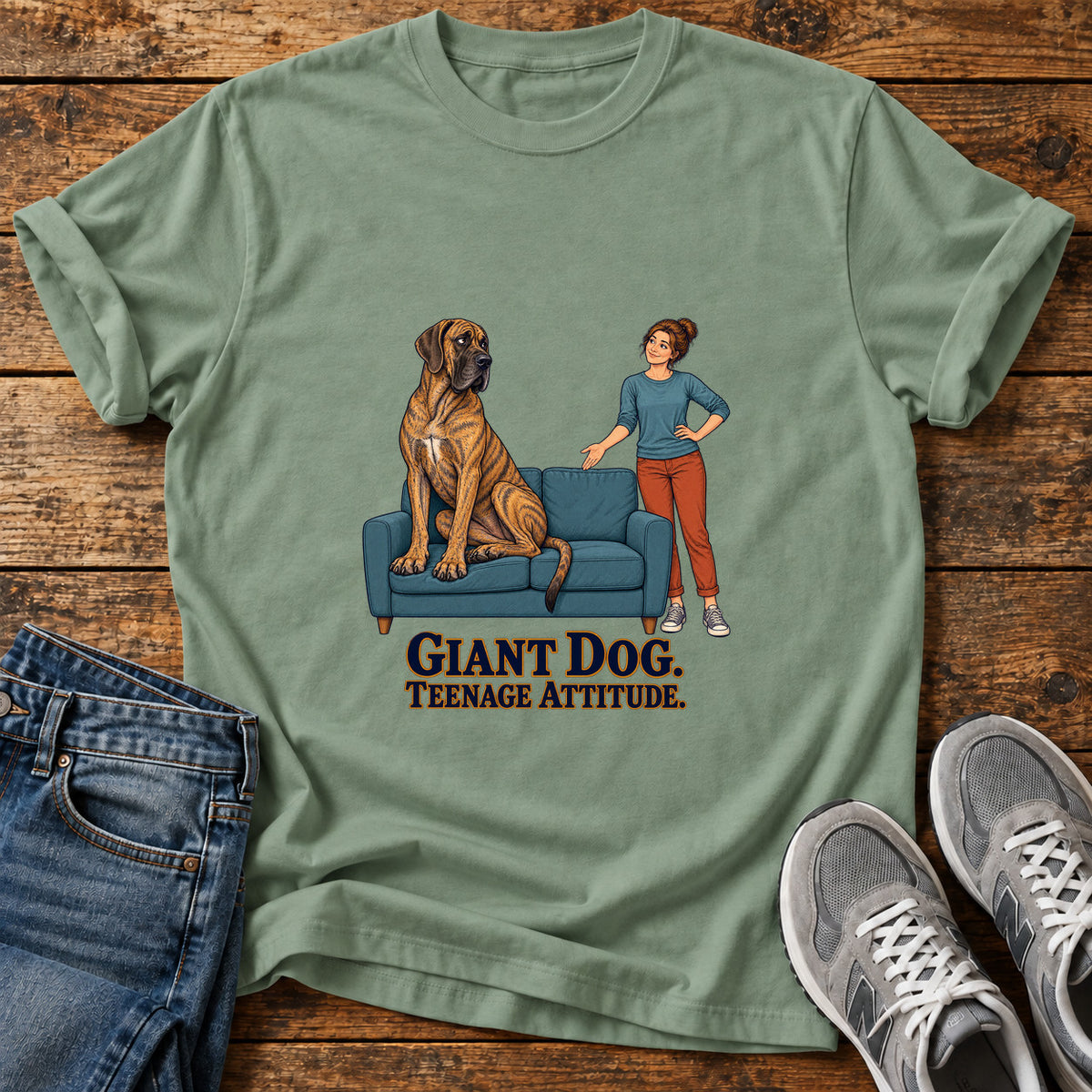Giant Dog Attitude Great Dane graphic T-shirt in Sage, shown on a flat-lay shirt mockup