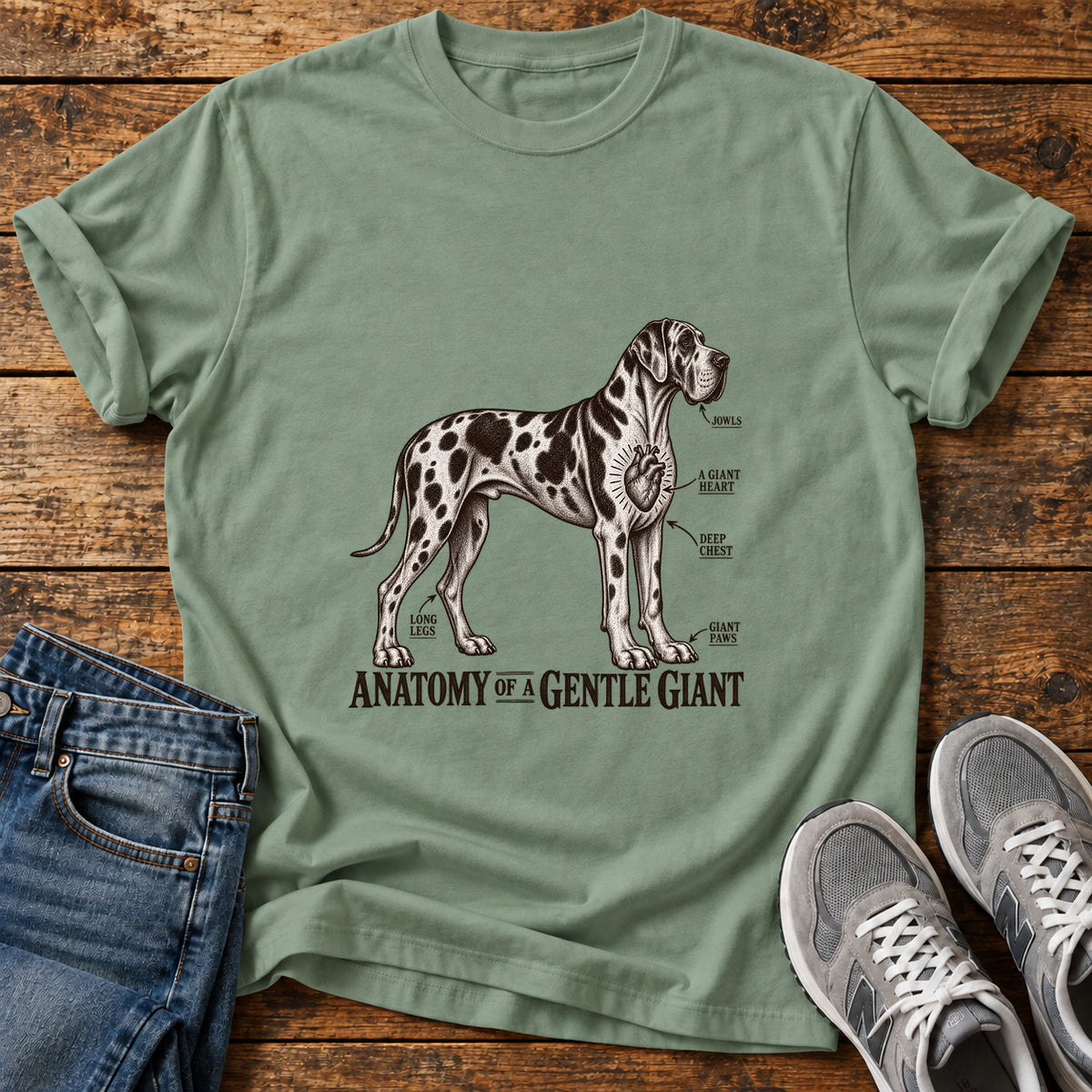 Gentle Giant Anatomy Great Dane graphic T-shirt in Sage, shown on a flat-lay shirt mockup