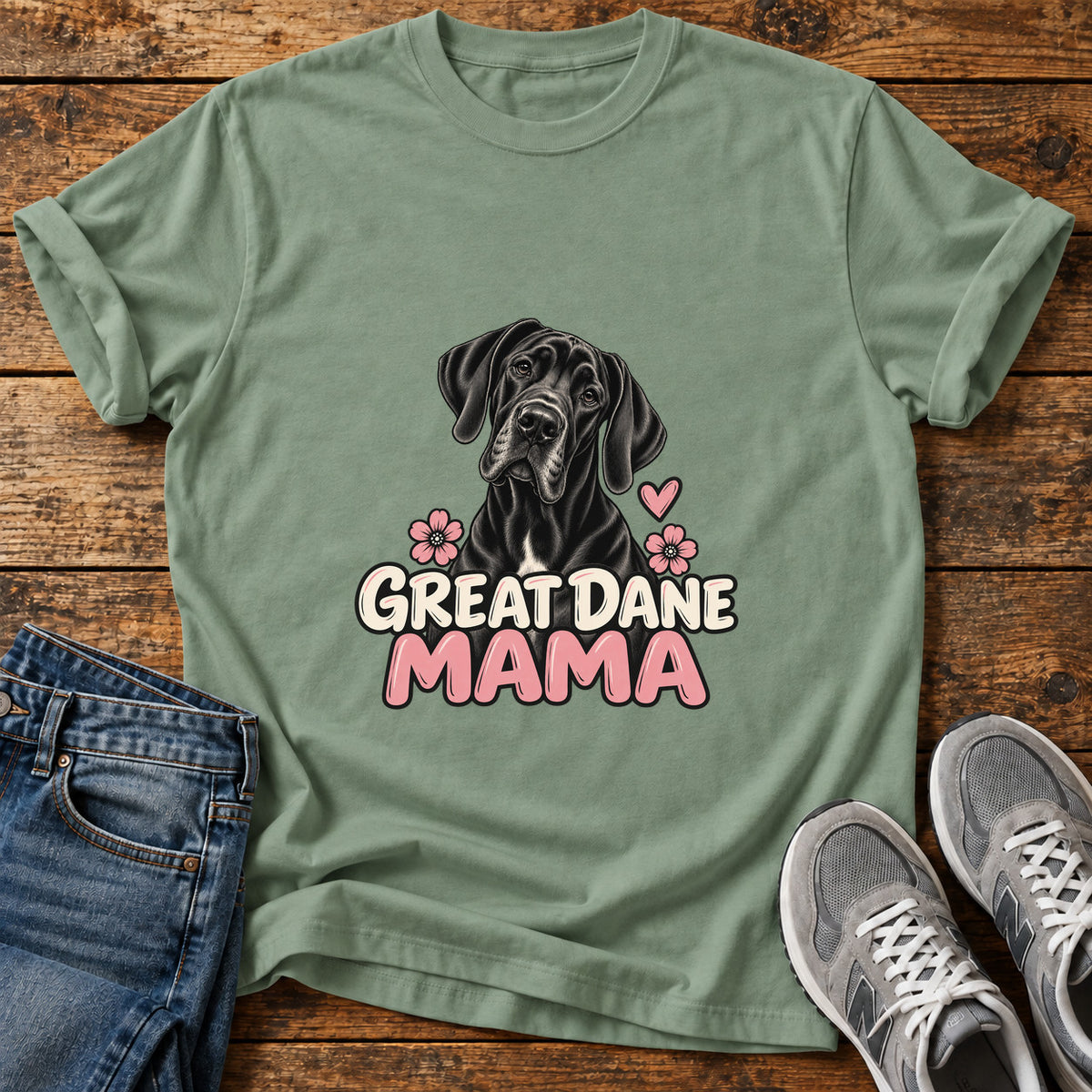 Great Dane Mama graphic T-shirt in Sage, shown on a flat-lay shirt mockup