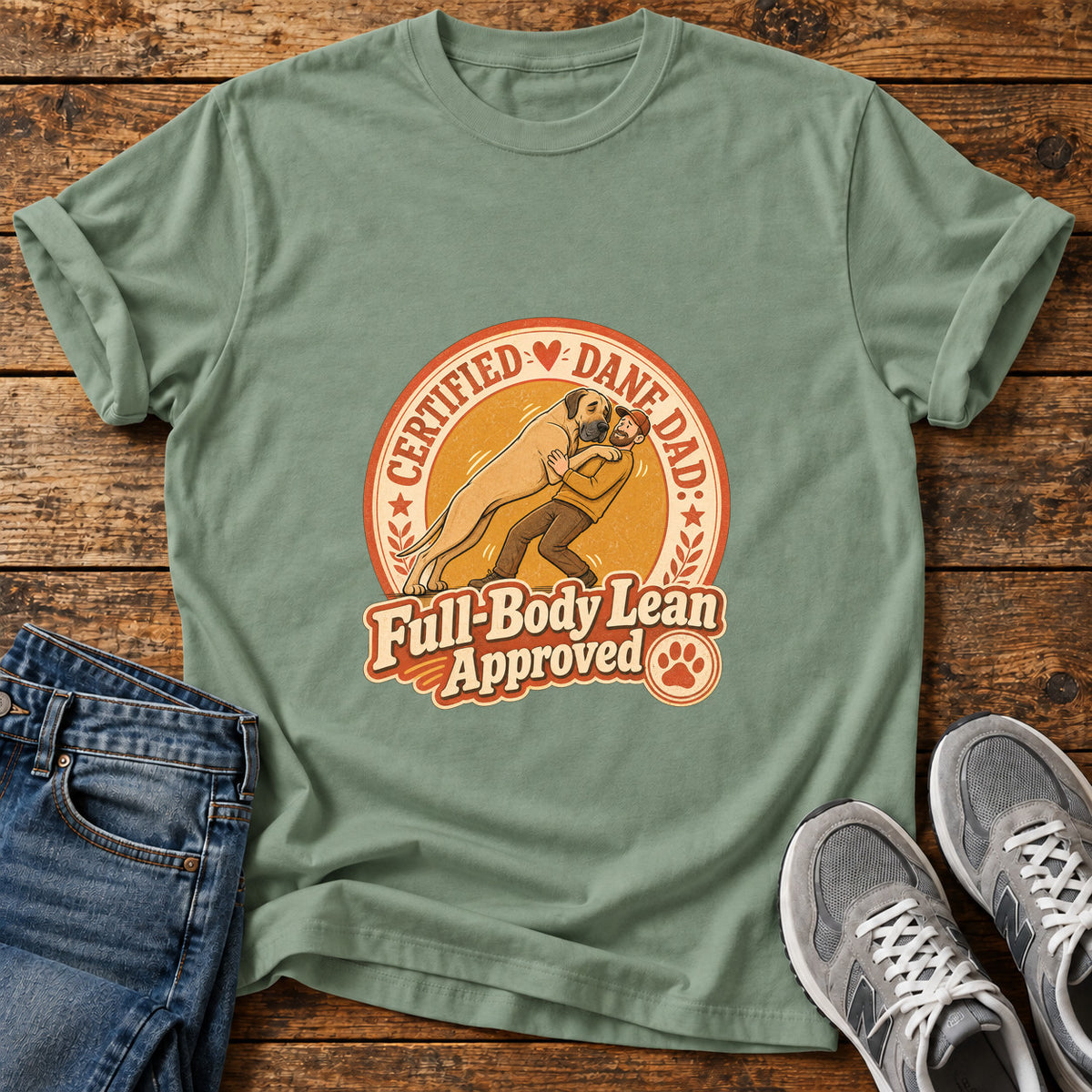 Full-Body Lean Great Dane graphic T-shirt in Sage, shown on a flat-lay shirt mockup