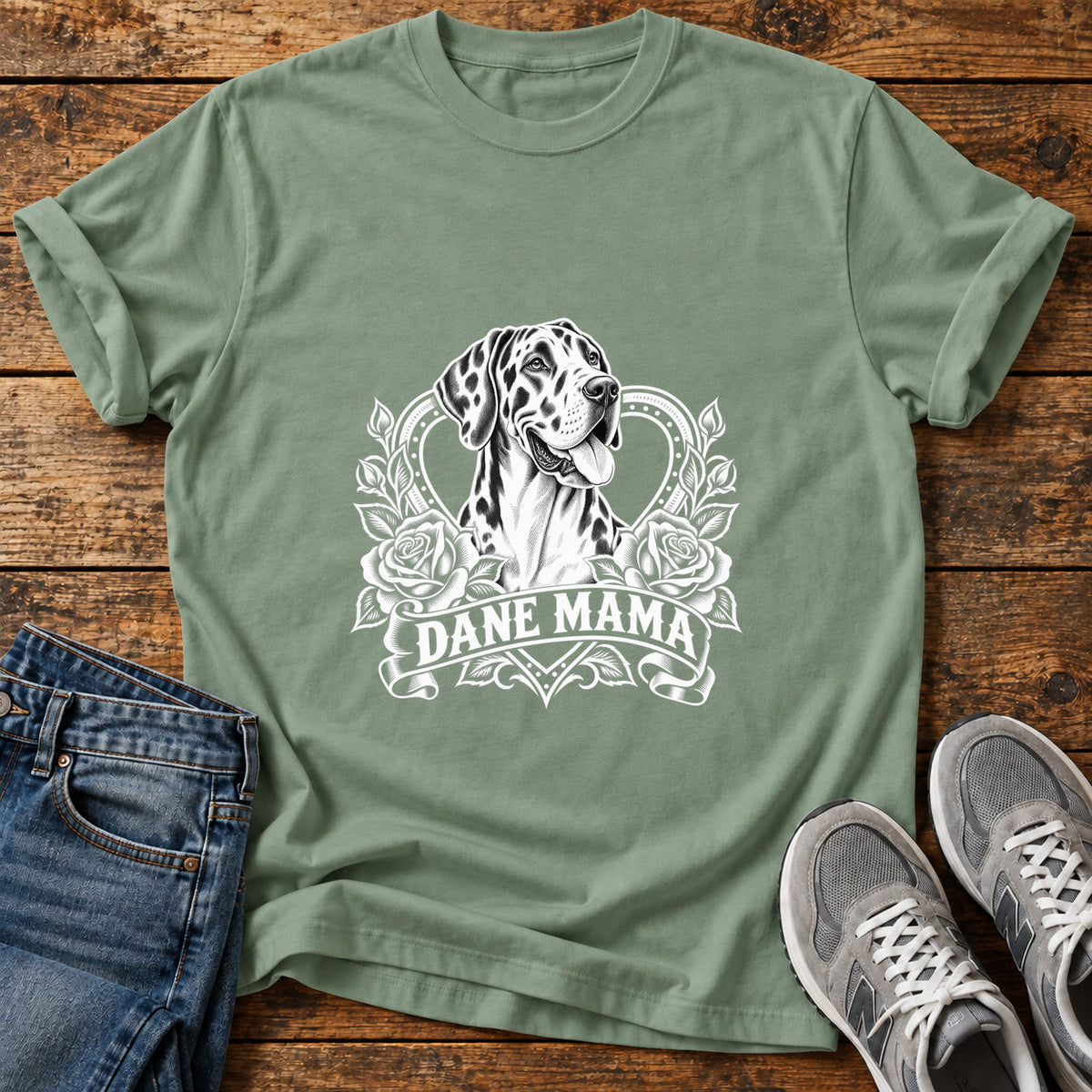 Dane Mama Great Dane graphic T-shirt in Sage, shown on a flat-lay shirt mockup