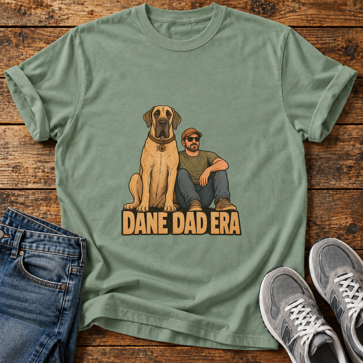 Dane Dad Era Great Dane graphic T-shirt in Sage, shown on a flat-lay shirt mockup