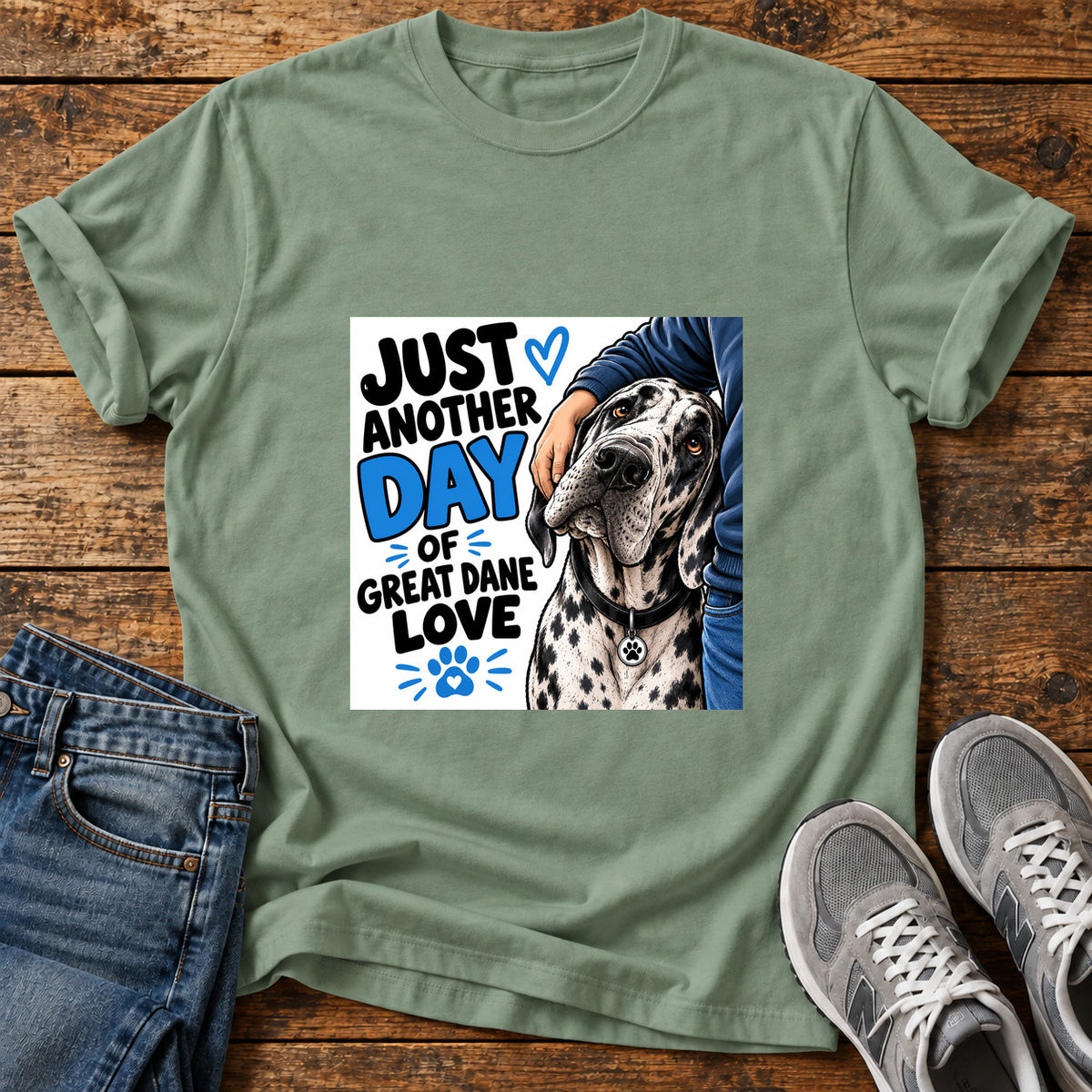 Great Dane Love graphic T-shirt in Sage, shown on a flat-lay shirt mockup