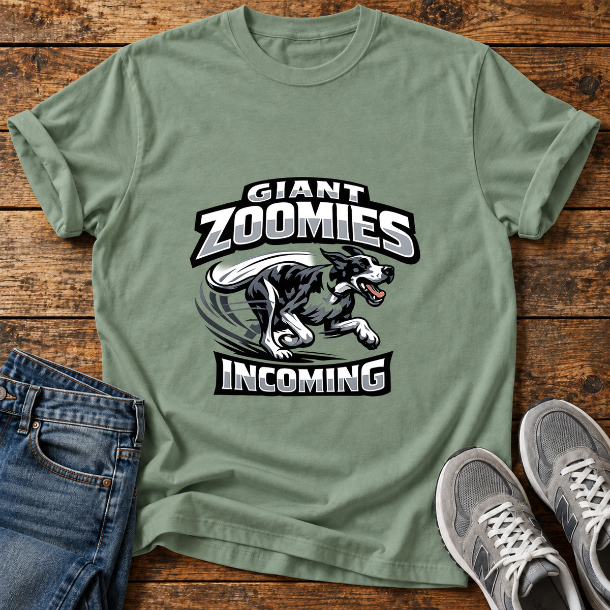 Giant Zoomies Great Dane graphic T-shirt in Sage, shown on a flat-lay shirt mockup