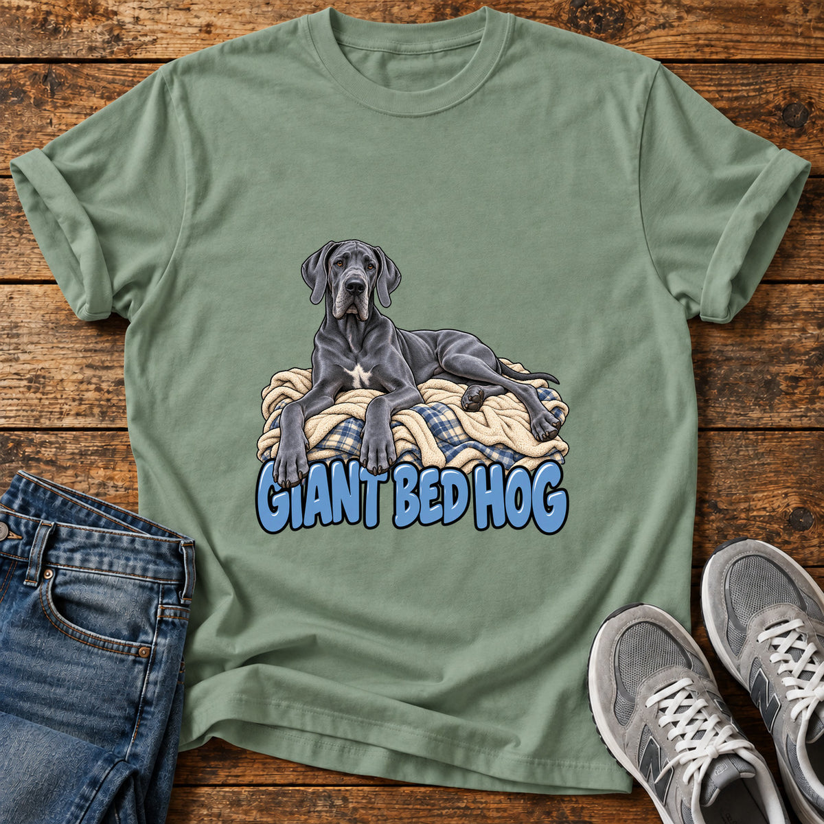 Giant Bed Hog Great Dane graphic T-shirt in Sage, shown on a flat-lay shirt mockup